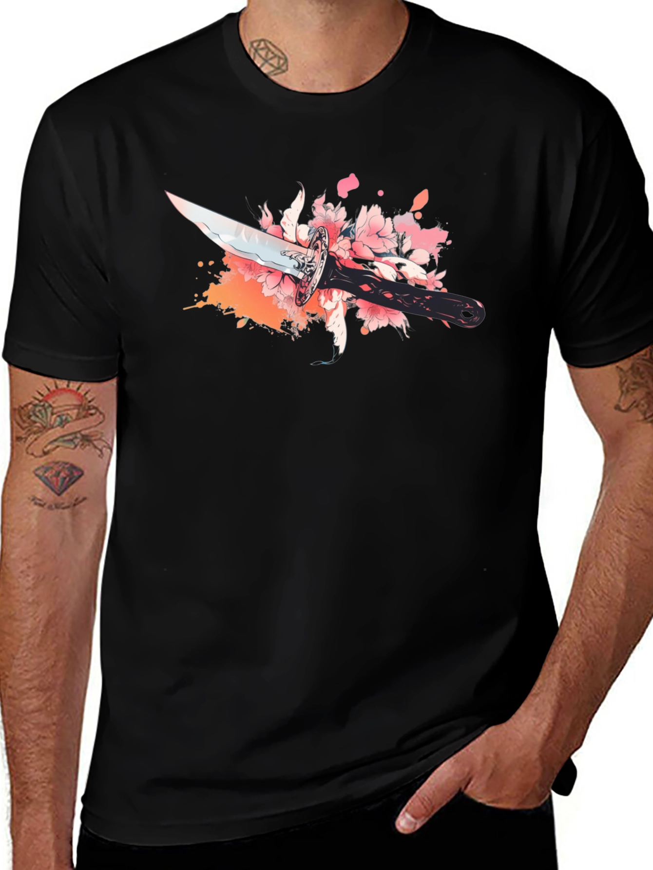 Black T-Shirt with Sword and Cherry Blossom Design