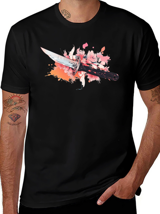 Black T-Shirt with Sword and Cherry Blossom Design