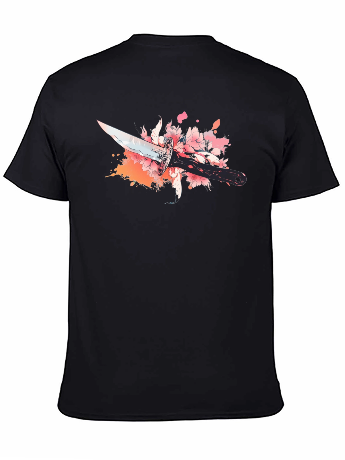 Black T-Shirt with Sword and Cherry Blossom Design