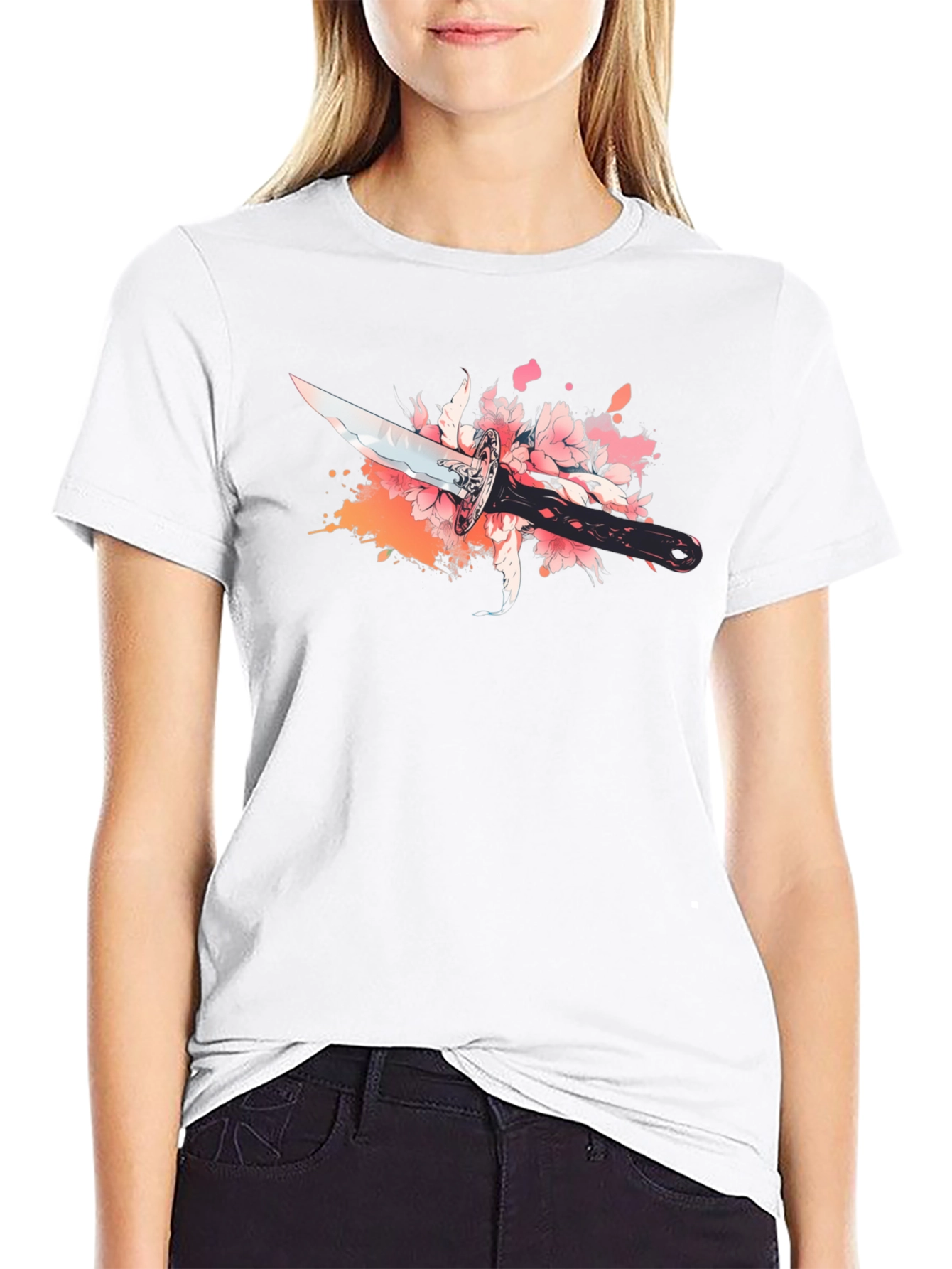 Black T-Shirt with Sword and Cherry Blossom Design