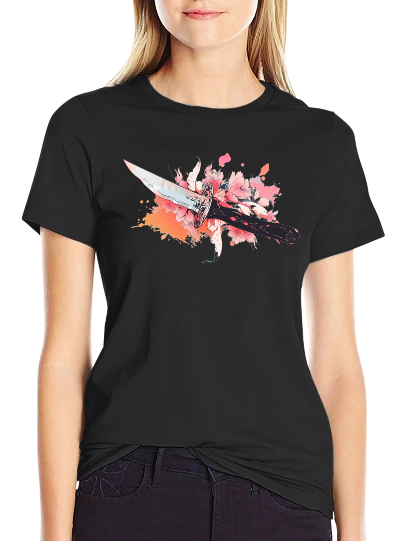 Black T-Shirt with Sword and Cherry Blossom Design