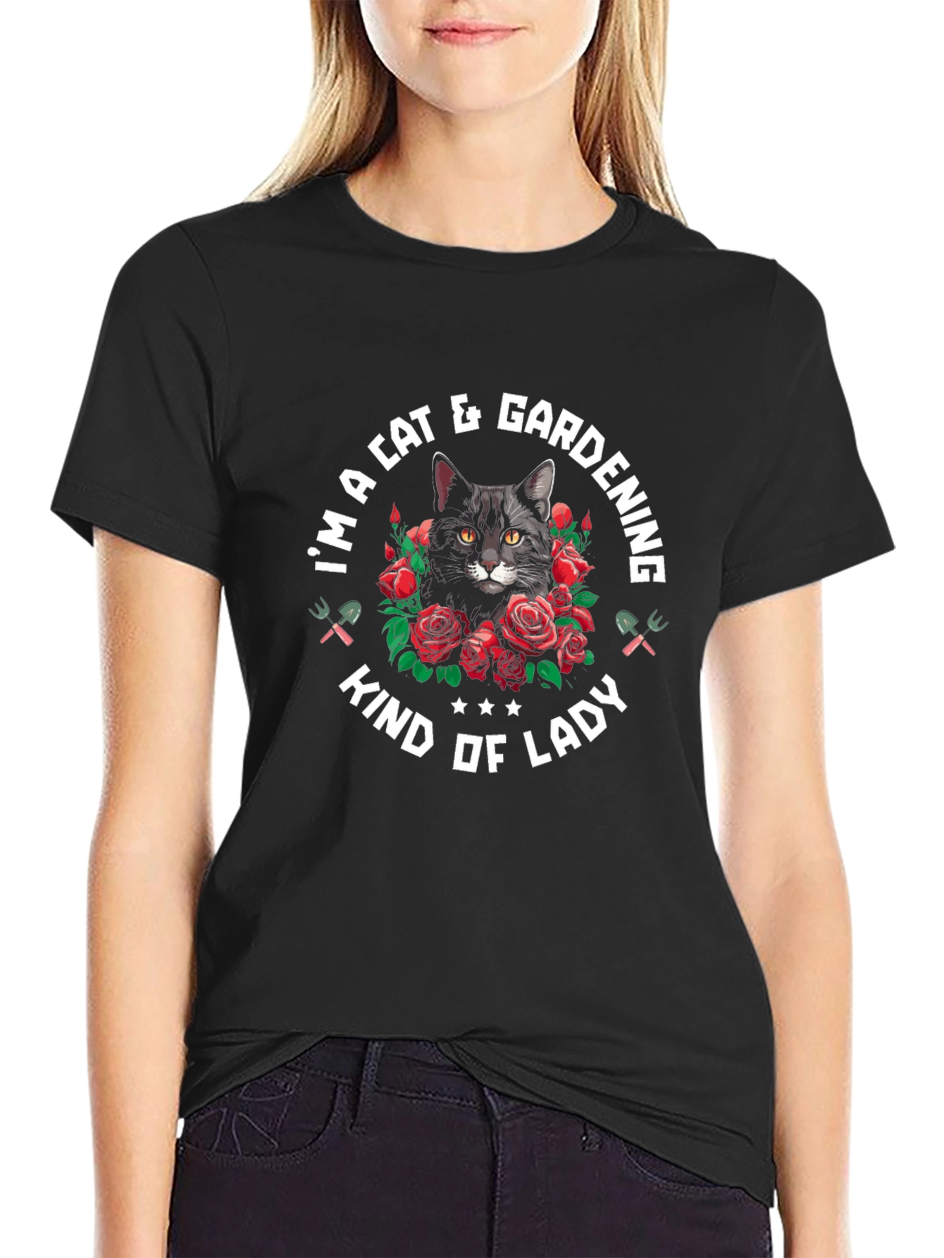 Cat & Gardening Lady T-Shirt - Black