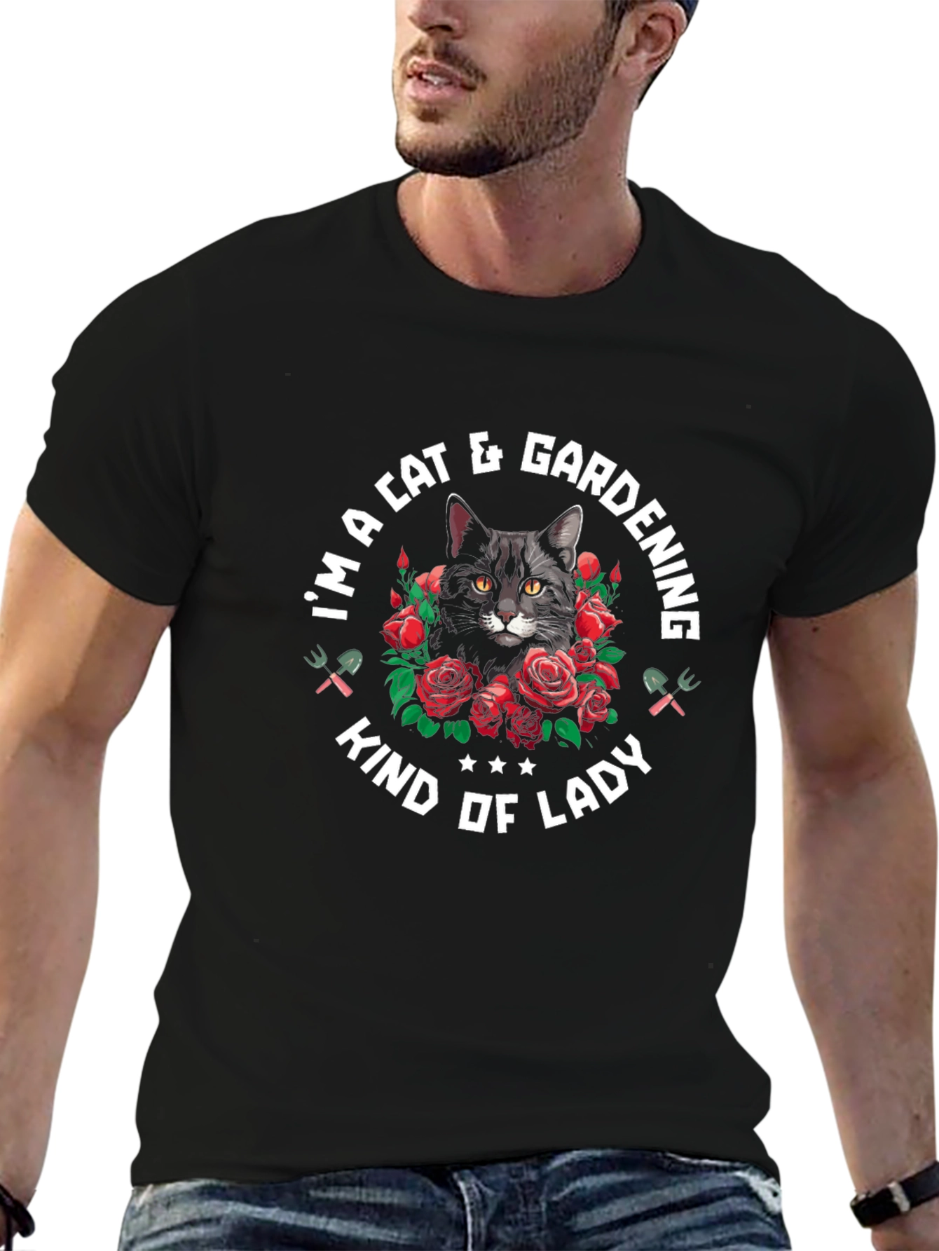 Cat & Gardening Lady T-Shirt - Black