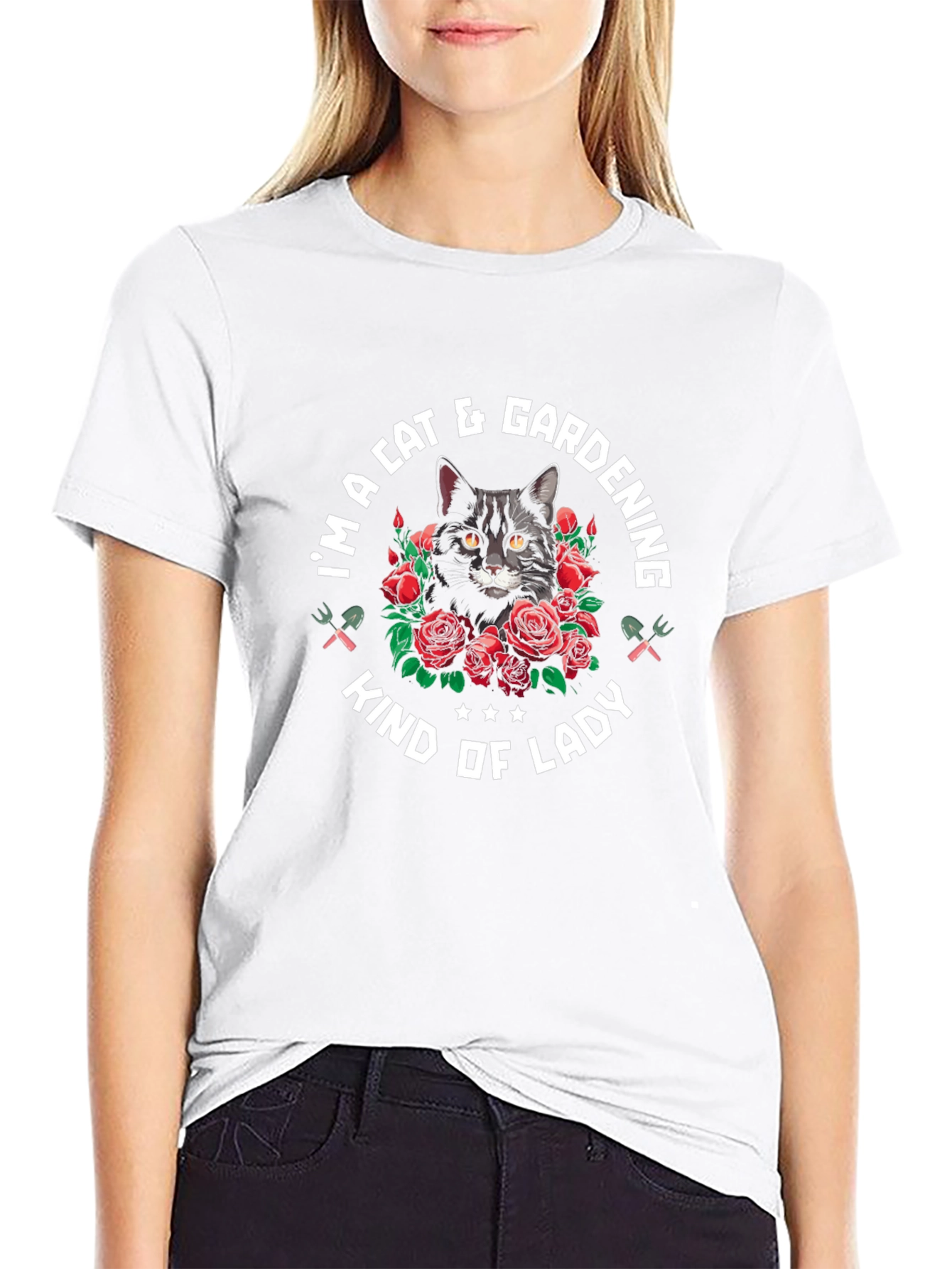 Cat & Gardening Lady T-Shirt - Black