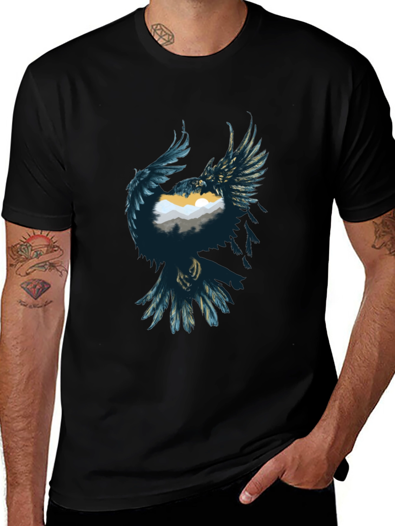 Raven Mountain Graphic Tee - Stylish Unisex Black T-Shirt