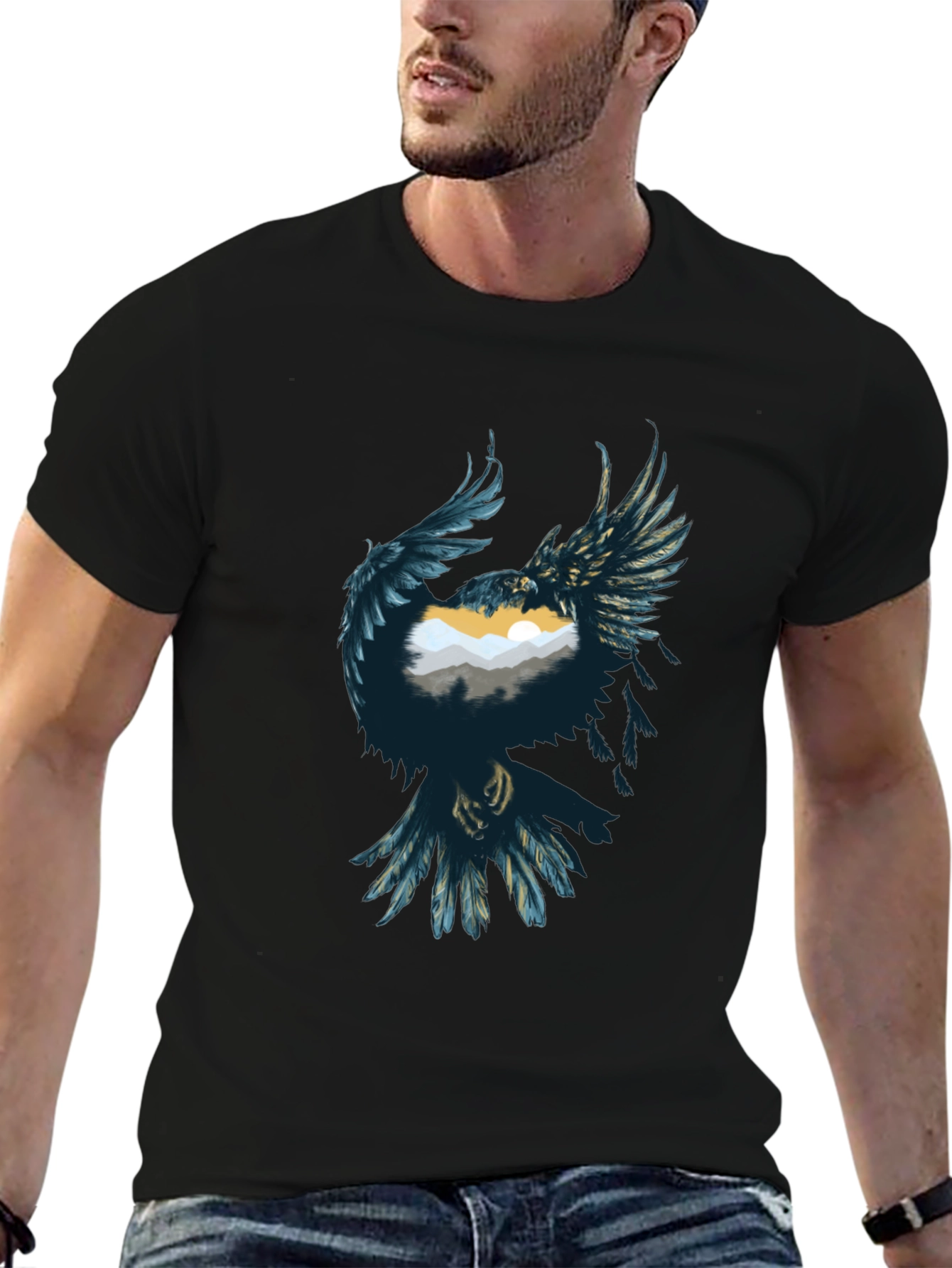 Raven Mountain Graphic Tee - Stylish Unisex Black T-Shirt