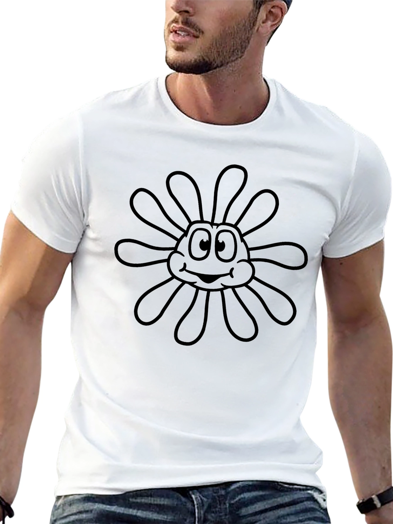 Black T-Shirt with Cartoon Flower Design