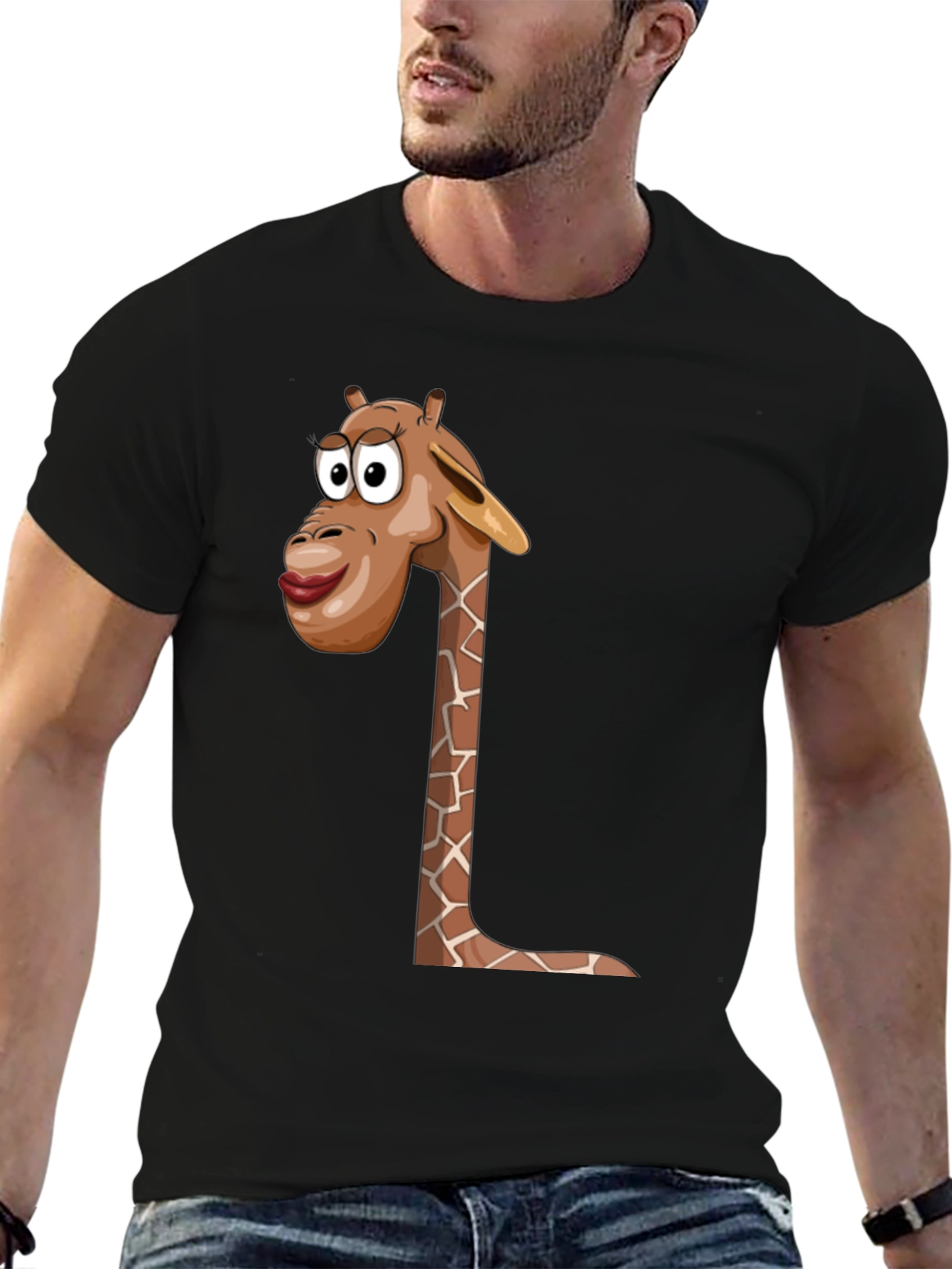 Giraffe Cartoon Graphic Black T-Shirt