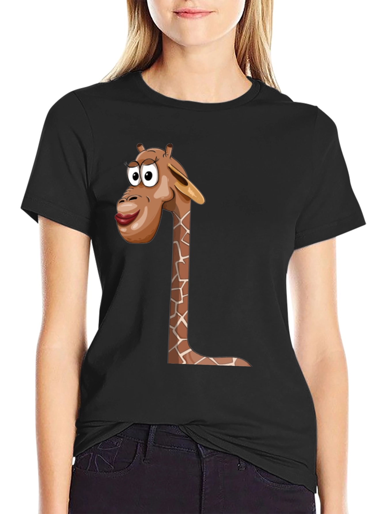 Giraffe Cartoon Graphic Black T-Shirt