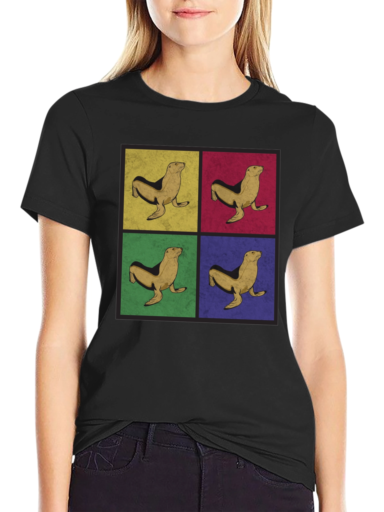 Retro Seal Pop Art Graphic Tee - Black
