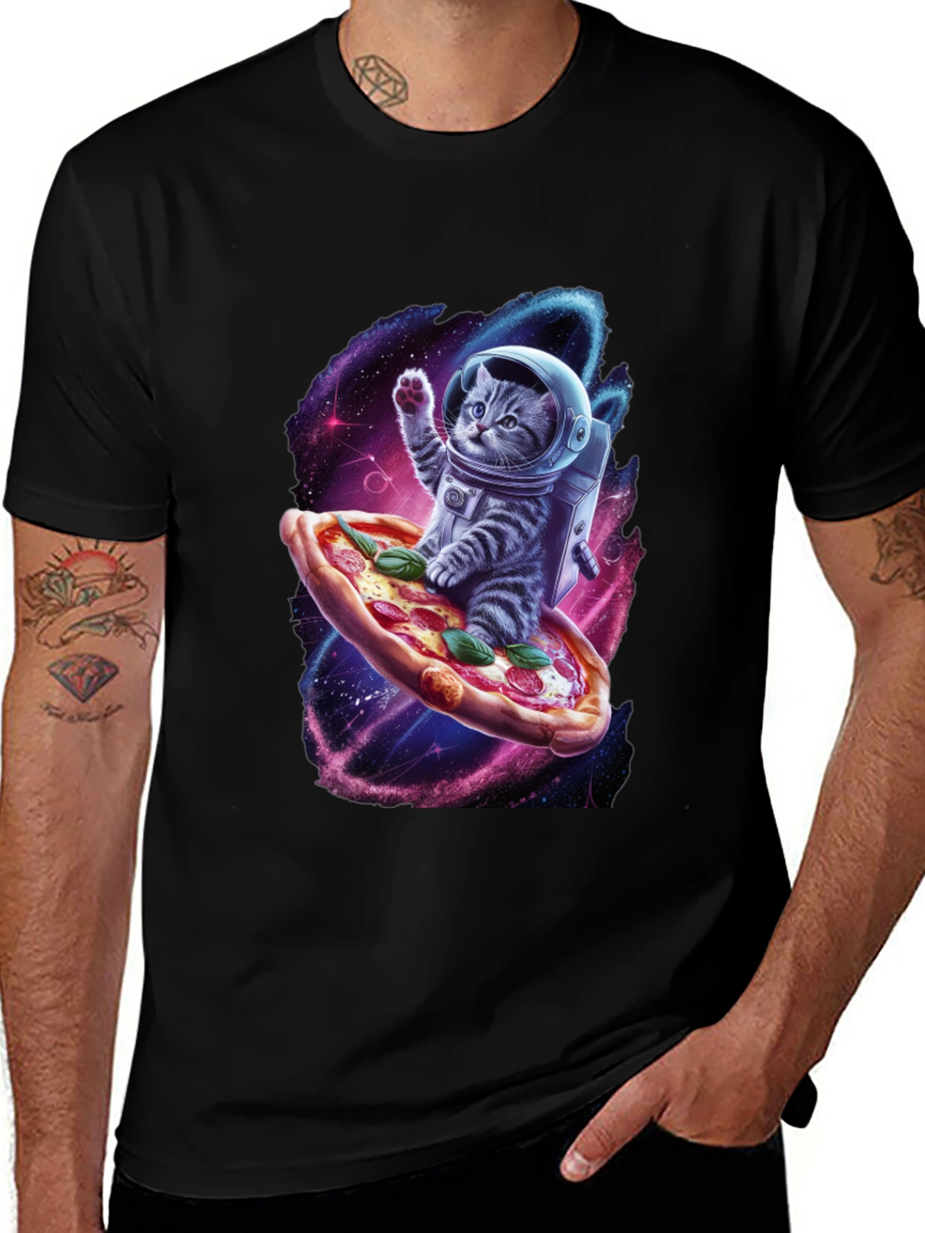 Astronaut Cat Pizza T-Shirt - Galaxy Space Design