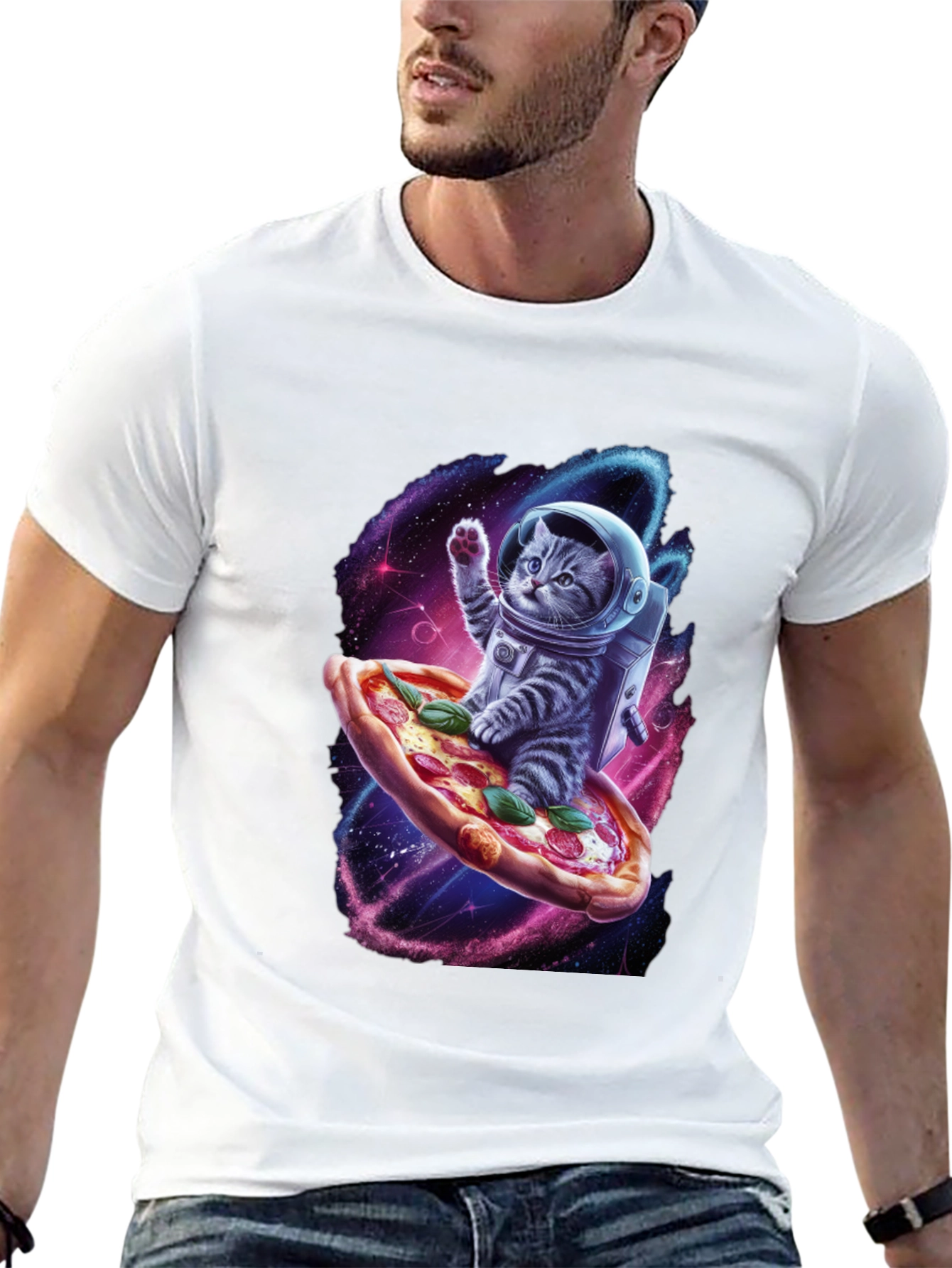 Astronaut Cat Pizza T-Shirt - Galaxy Space Design