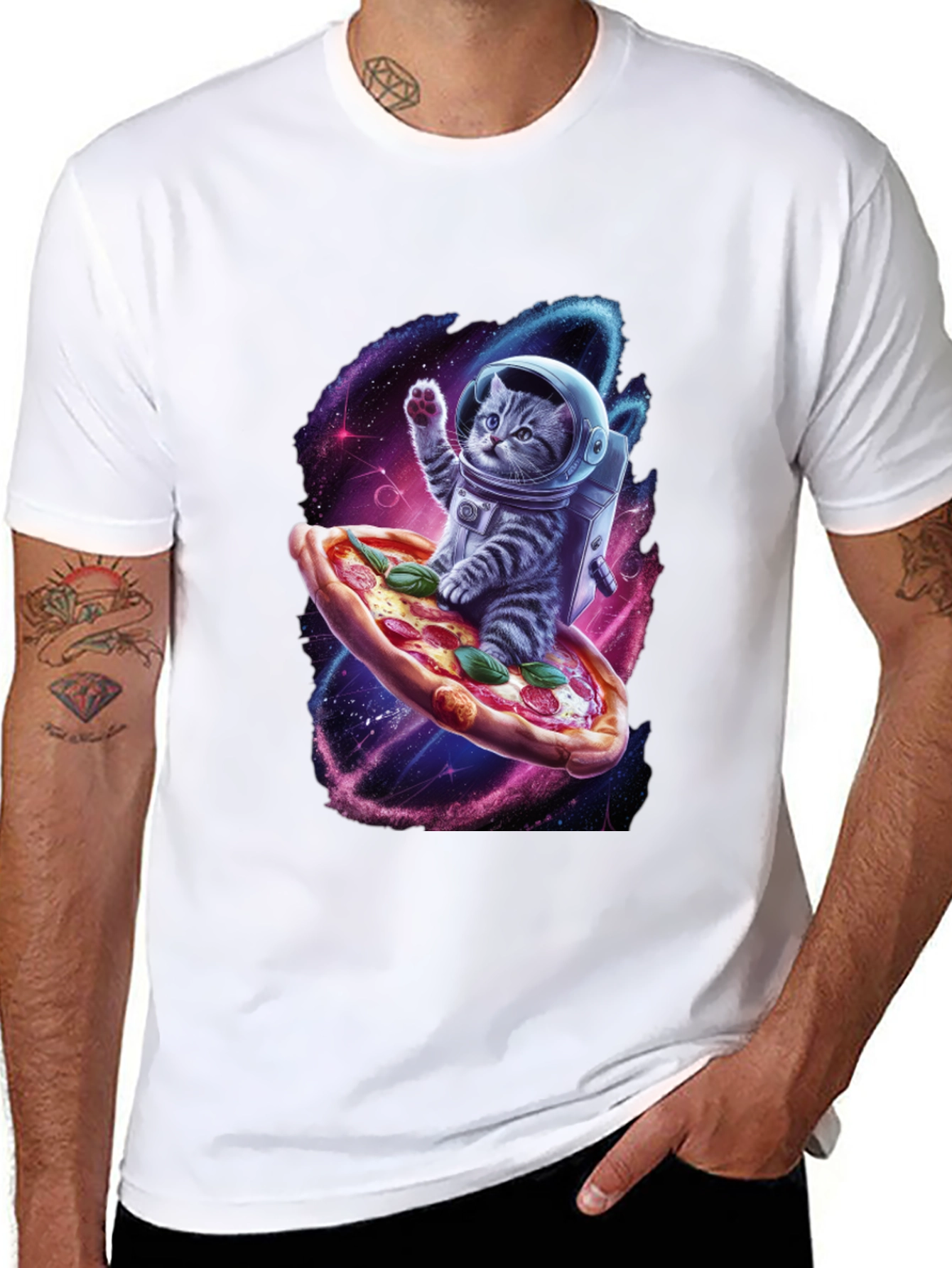Astronaut Cat Pizza T-Shirt - Galaxy Space Design
