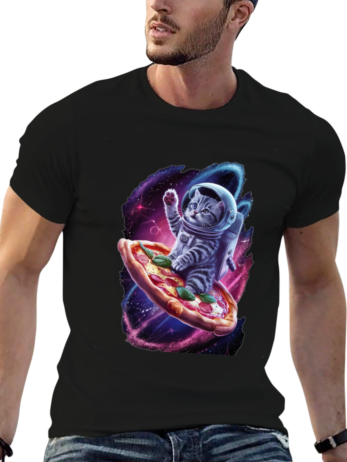 Astronaut Cat Pizza T-Shirt - Galaxy Space Design