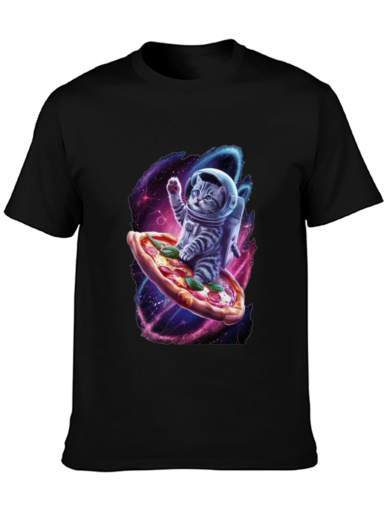 Astronaut Cat Pizza T-Shirt - Galaxy Space Design