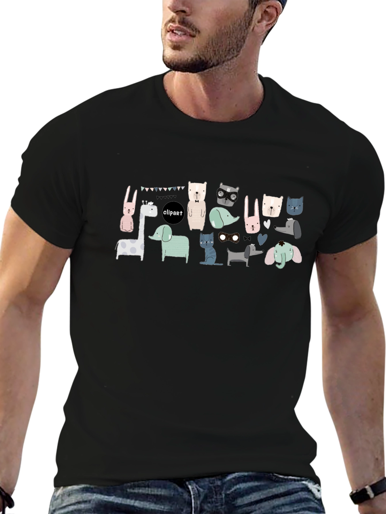 Fun Animal Clipart Graphic Tee - Black