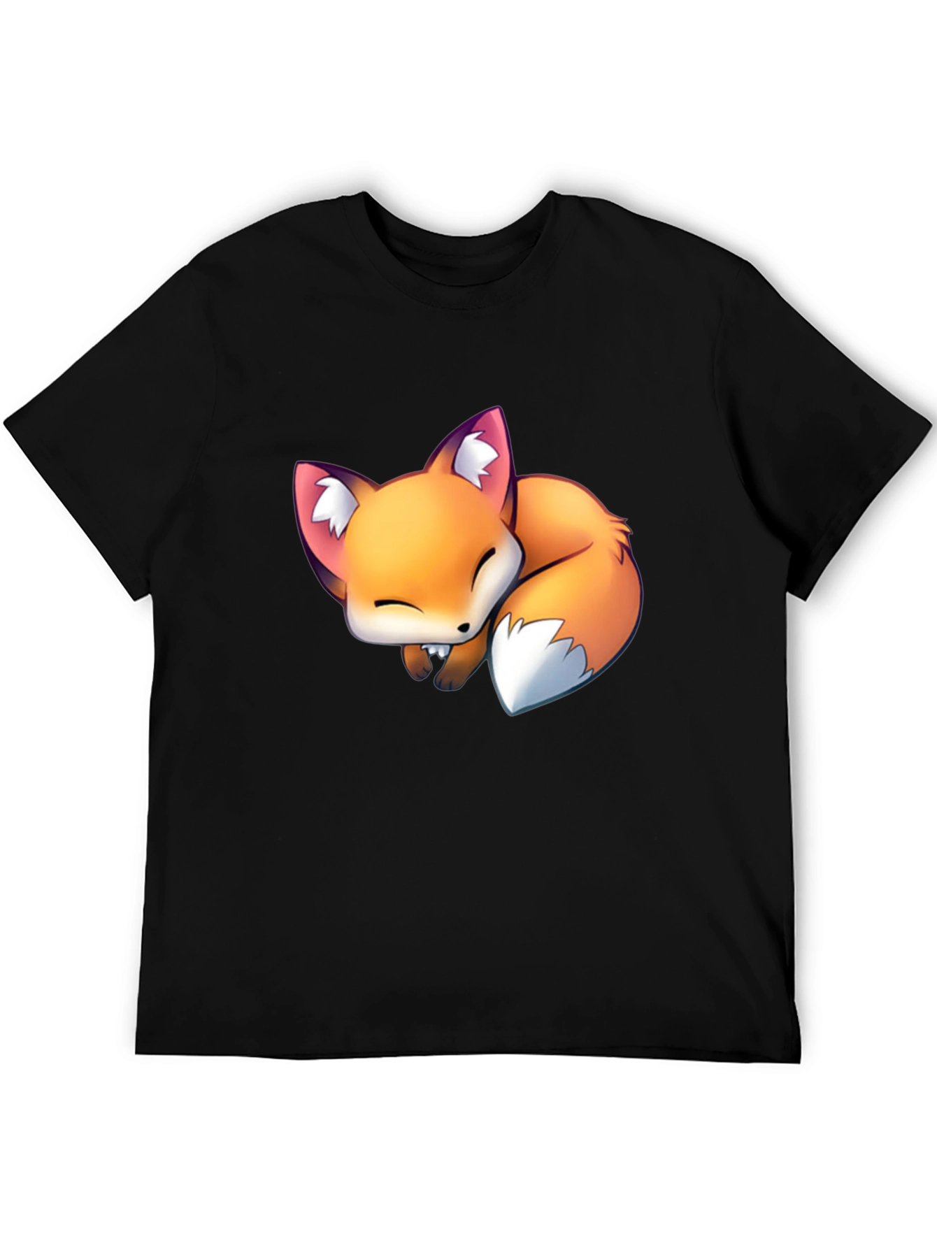 Cute Sleeping Fox Graphic Tee - Black Casual T-Shirt