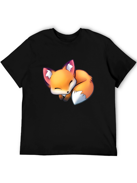 Cute Sleeping Fox Graphic Tee - Black Casual T-Shirt