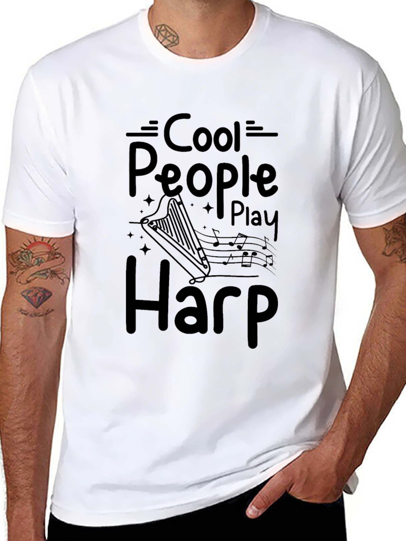 Cool People Play Harp Black Graphic Tee