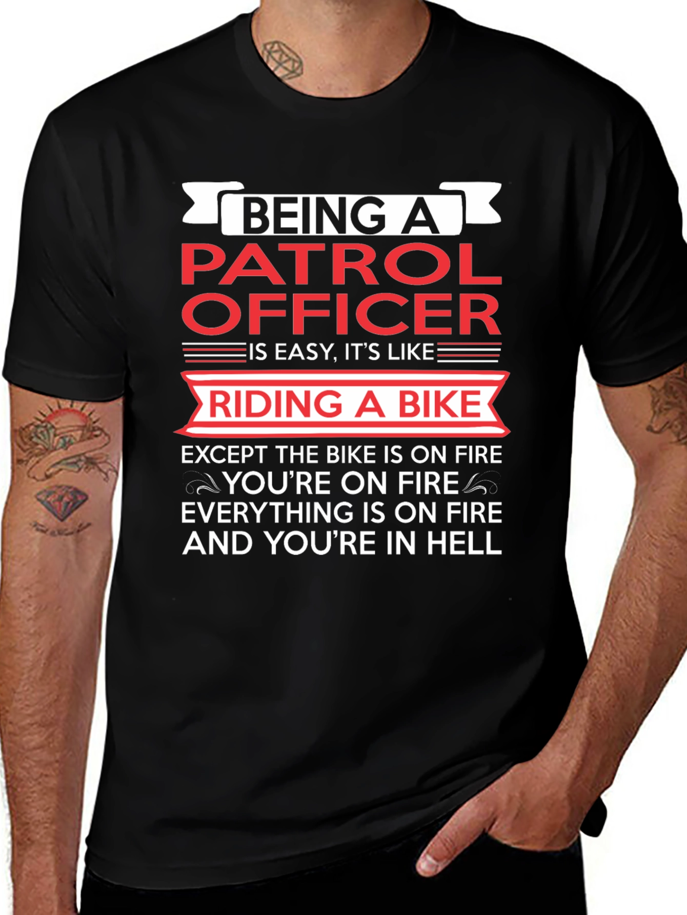 Patrol Officer Funny T-Shirt: Riding a Bike in Hell