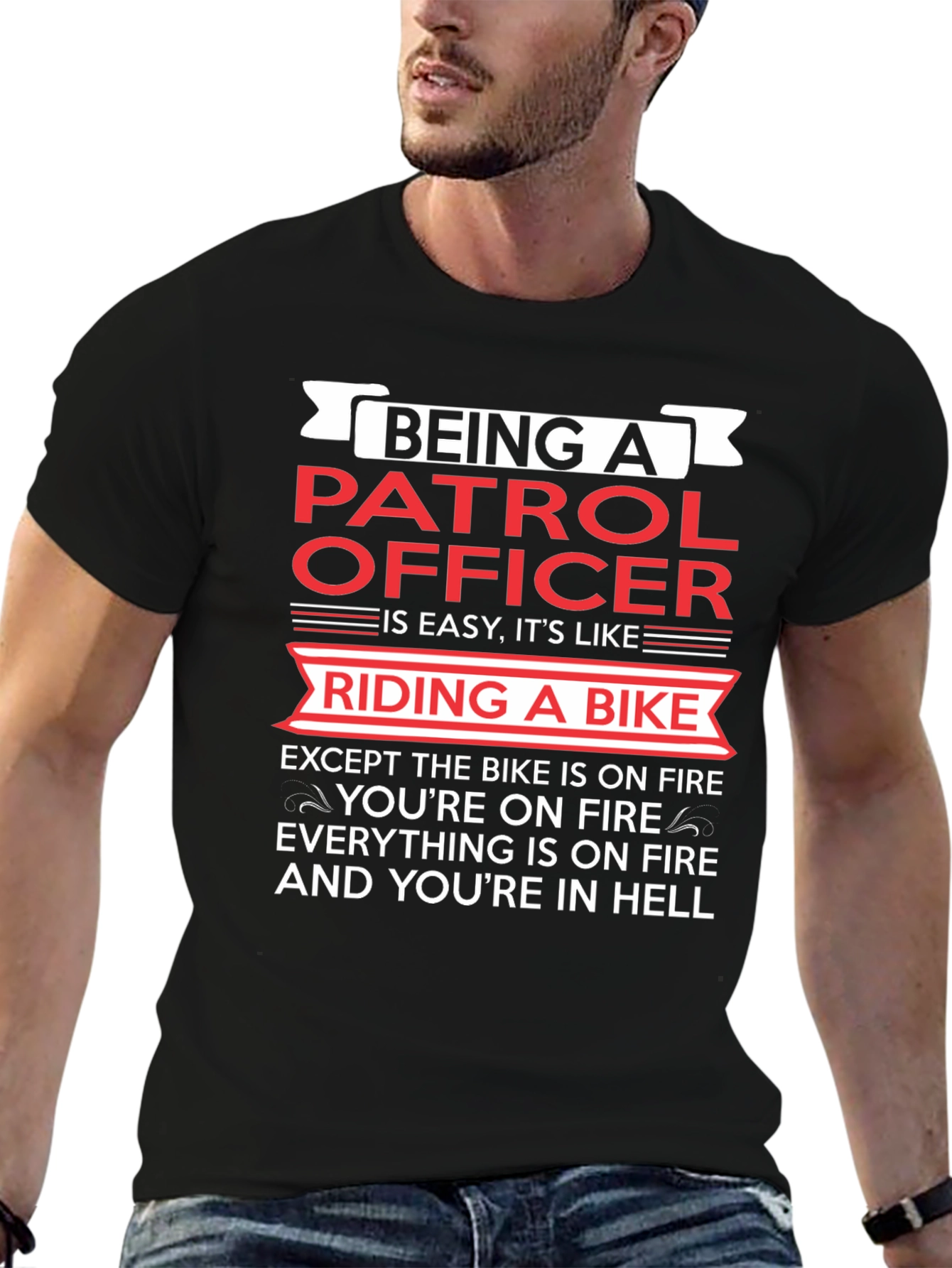 Patrol Officer Funny T-Shirt: Riding a Bike in Hell
