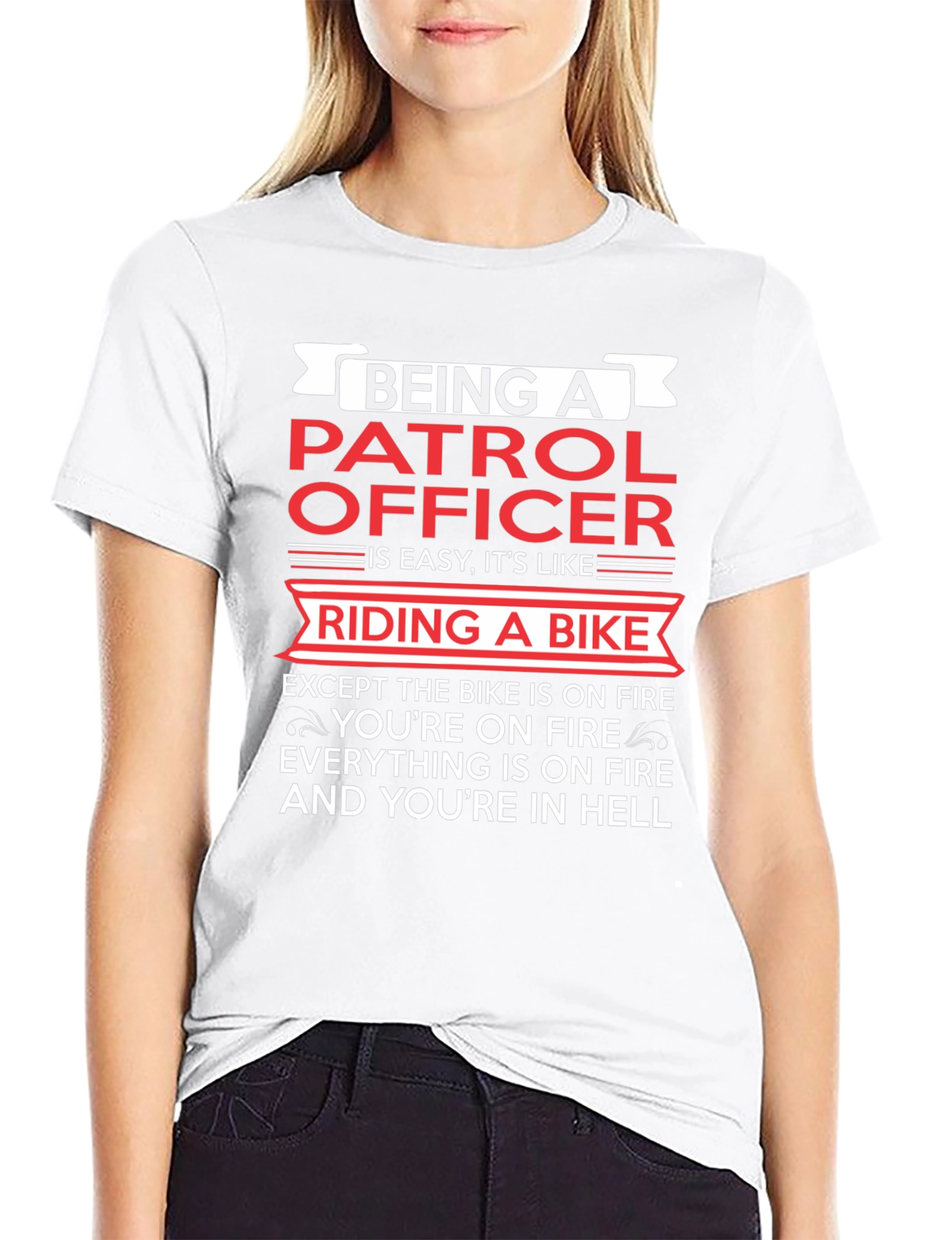 Patrol Officer Funny T-Shirt: Riding a Bike in Hell
