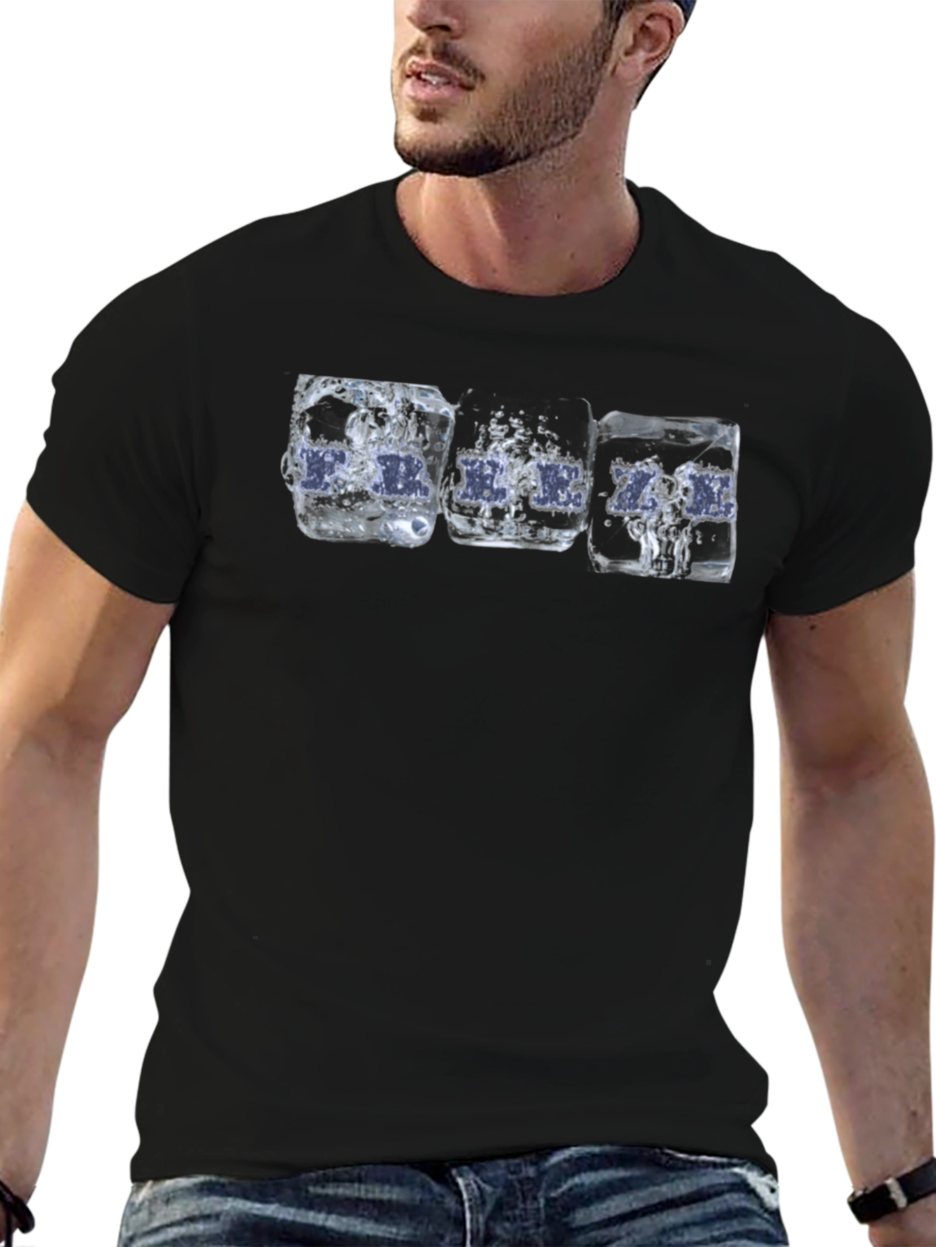 Cool Ice Cube Drink Print Black T-Shirt