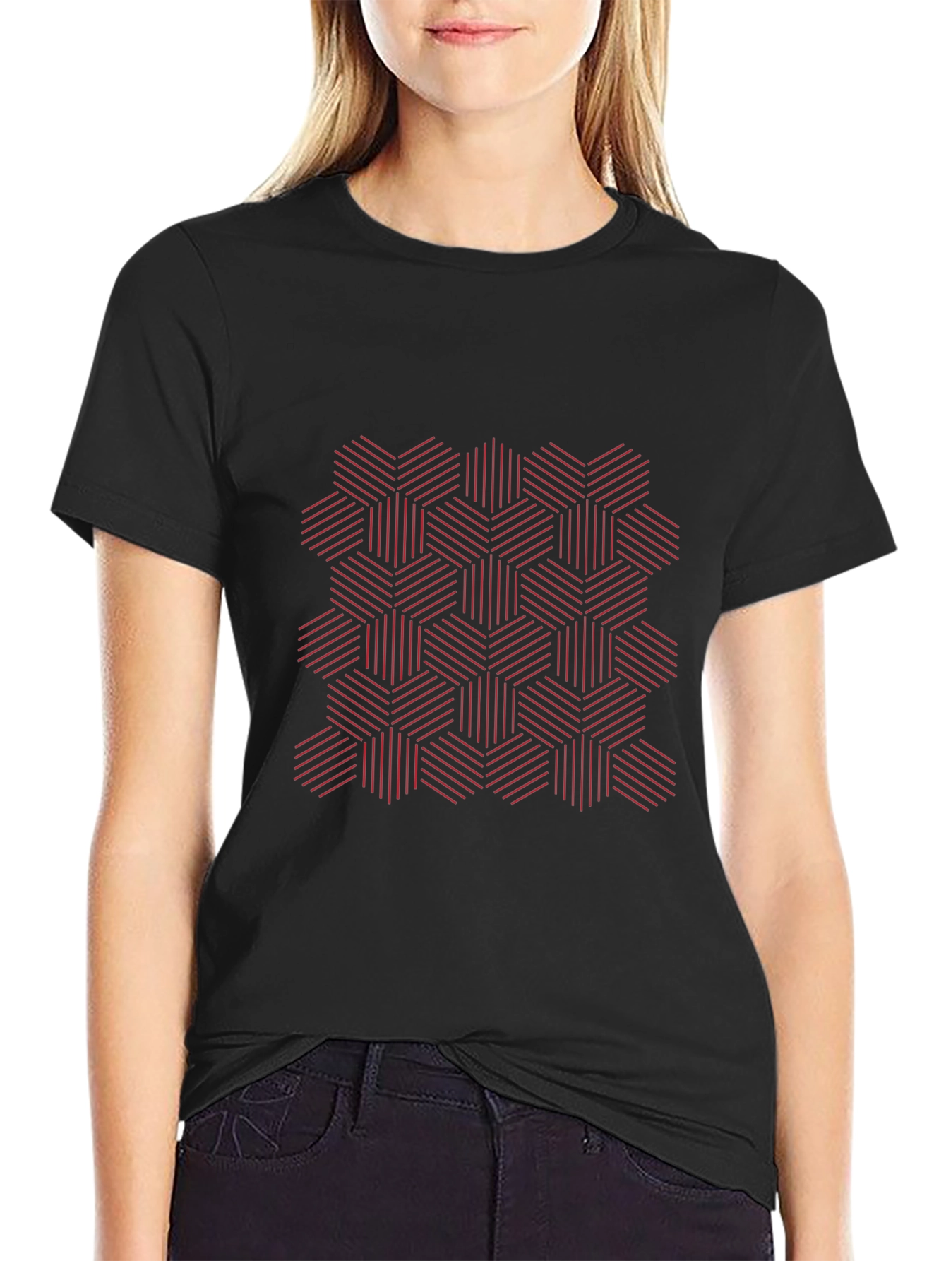 Geometric Hexagon Patterned Black T-Shirt