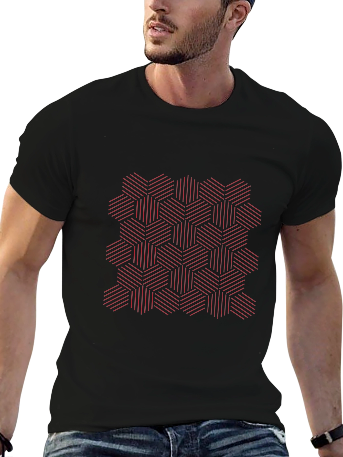 Geometric Hexagon Patterned Black T-Shirt