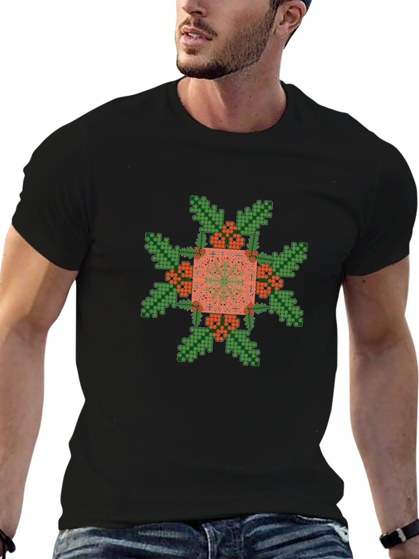 Pixelated Floral Graphic Tee - Black Cotton