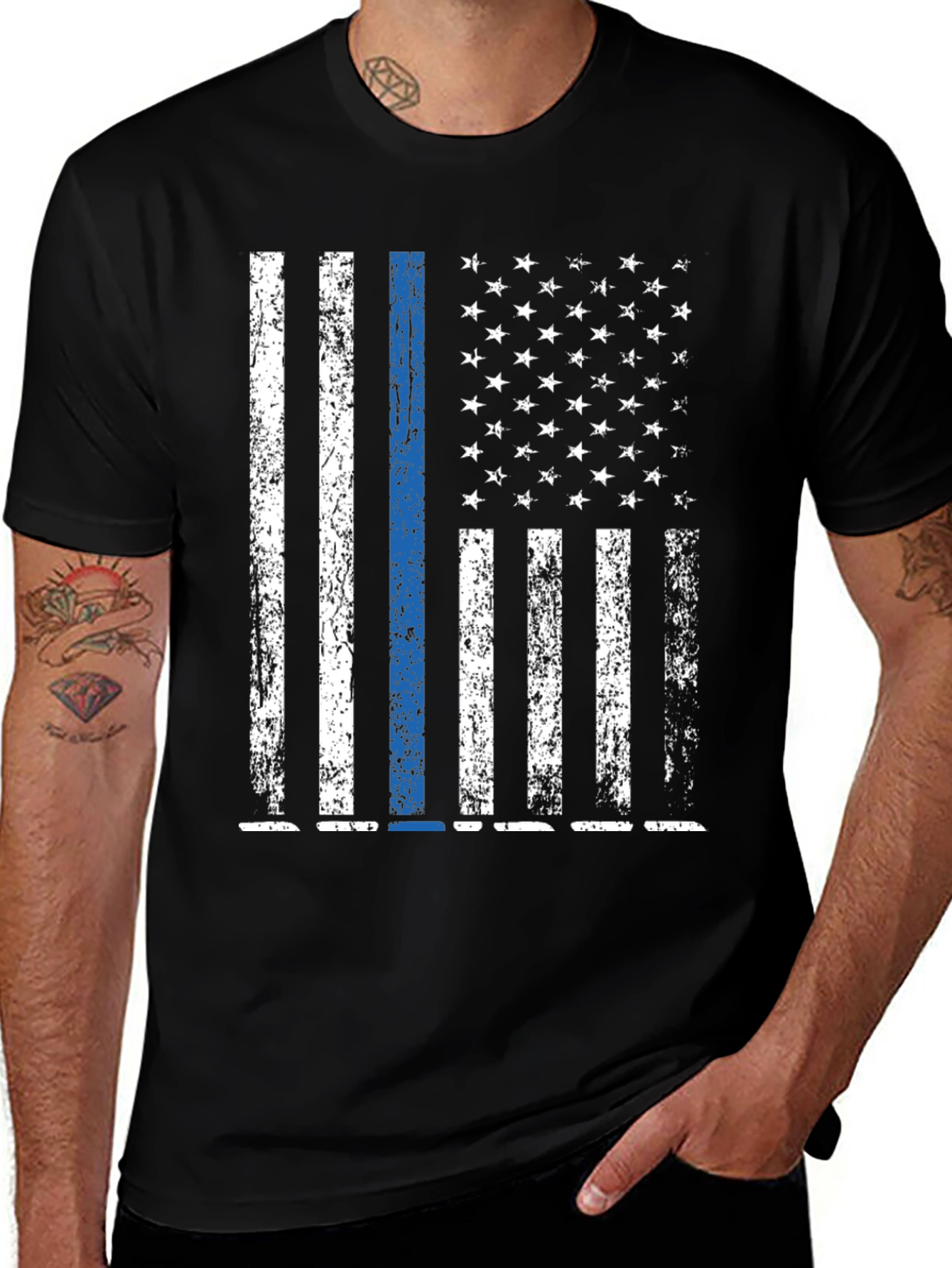 Distressed Thin Blue Line American Flag T-Shirt