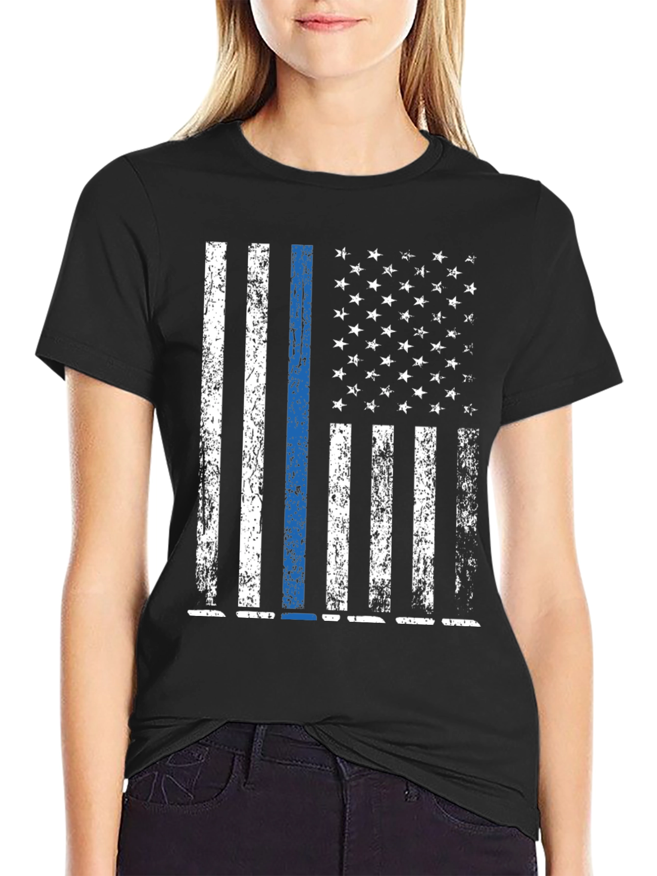 Distressed Thin Blue Line American Flag T-Shirt