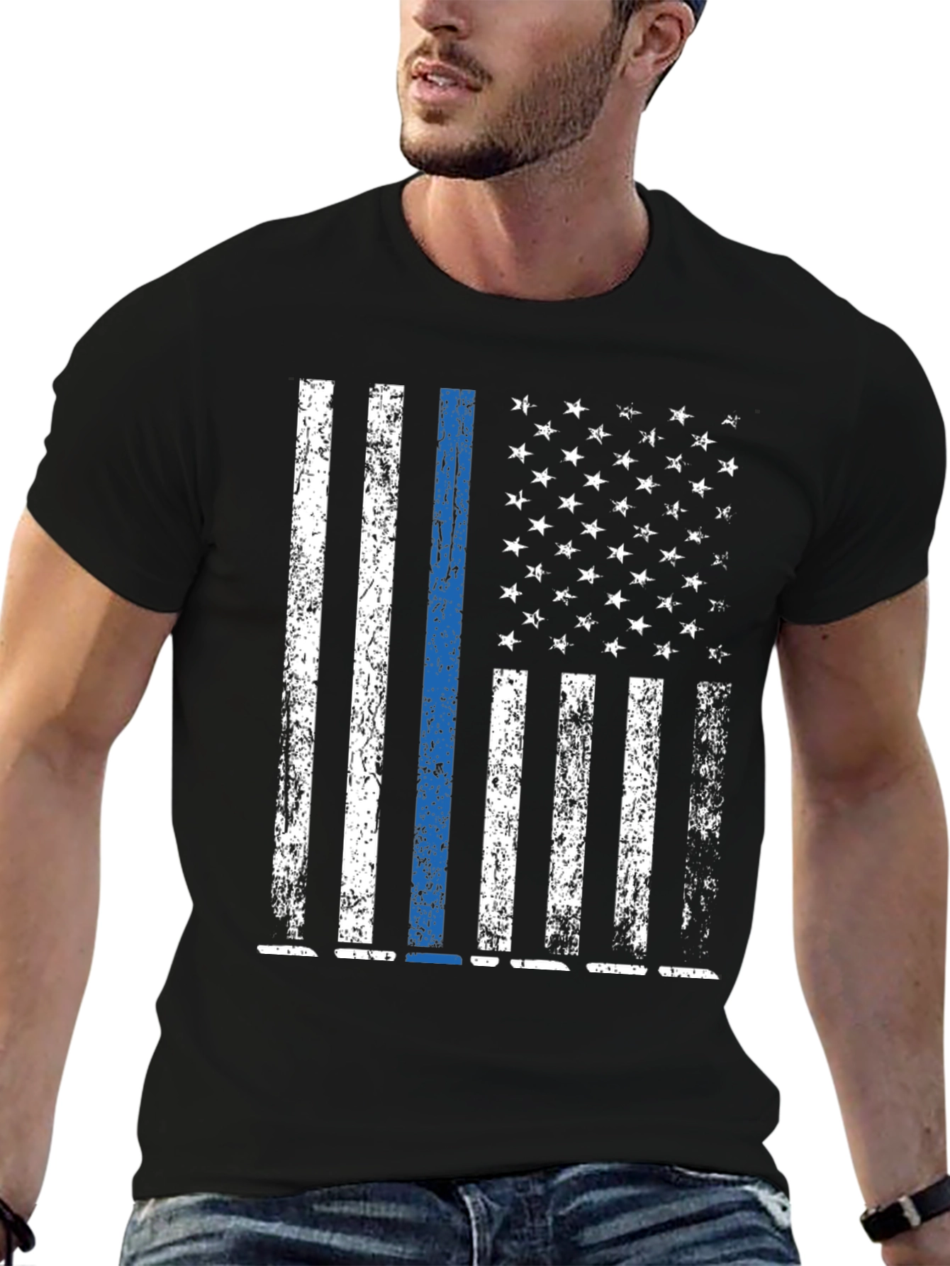 Distressed Thin Blue Line American Flag T-Shirt