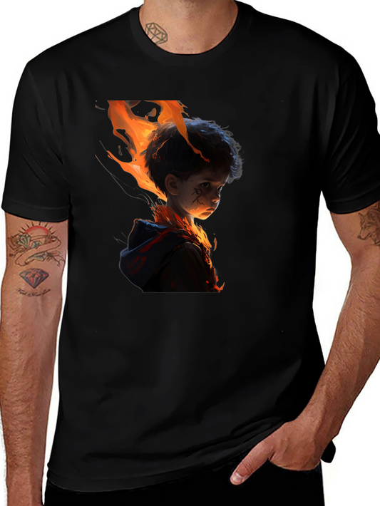 Fiery Child Graphic Print Black T-Shirt