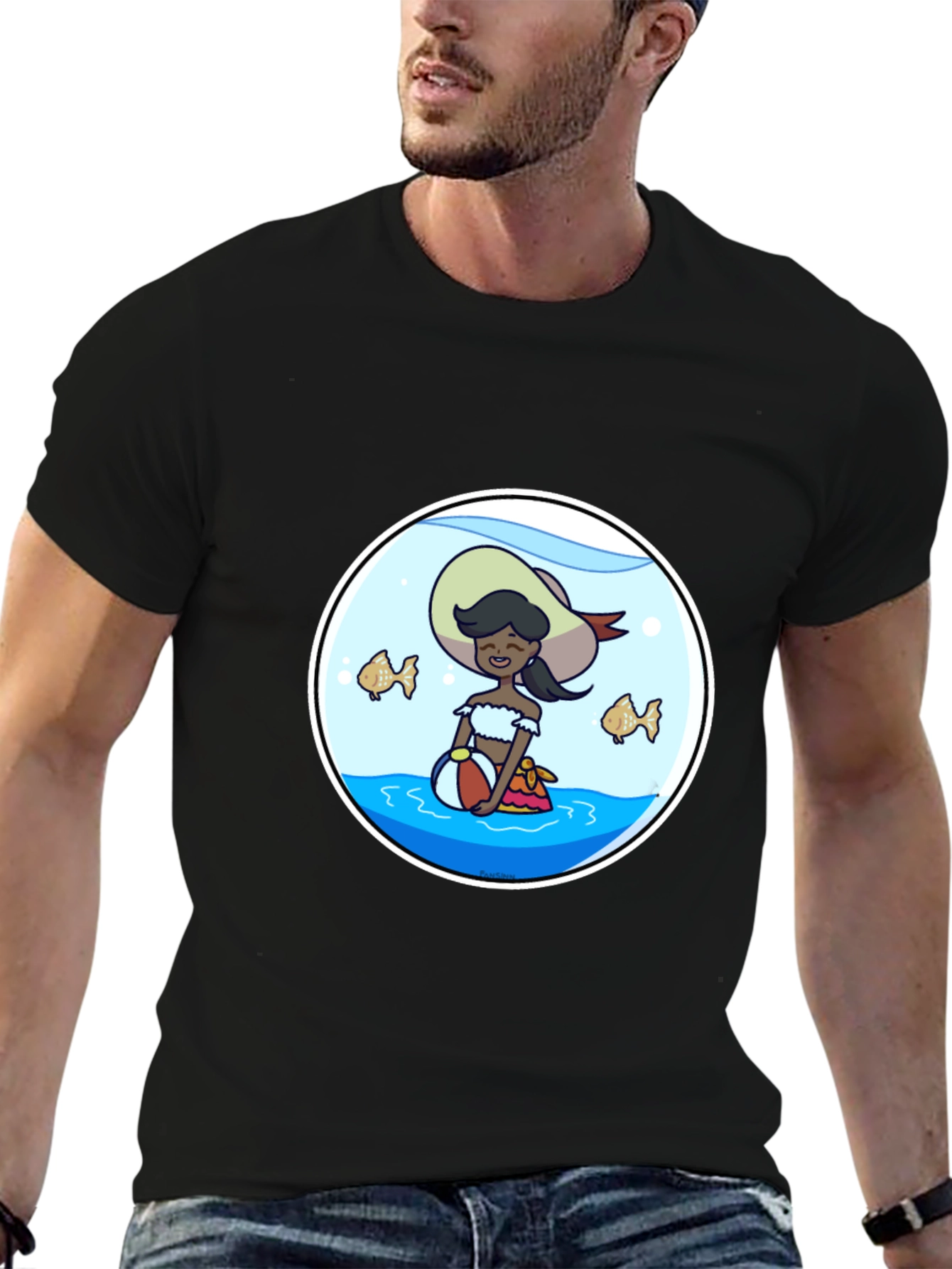 Cartoon Beach Girl in Fishbowl T-Shirt