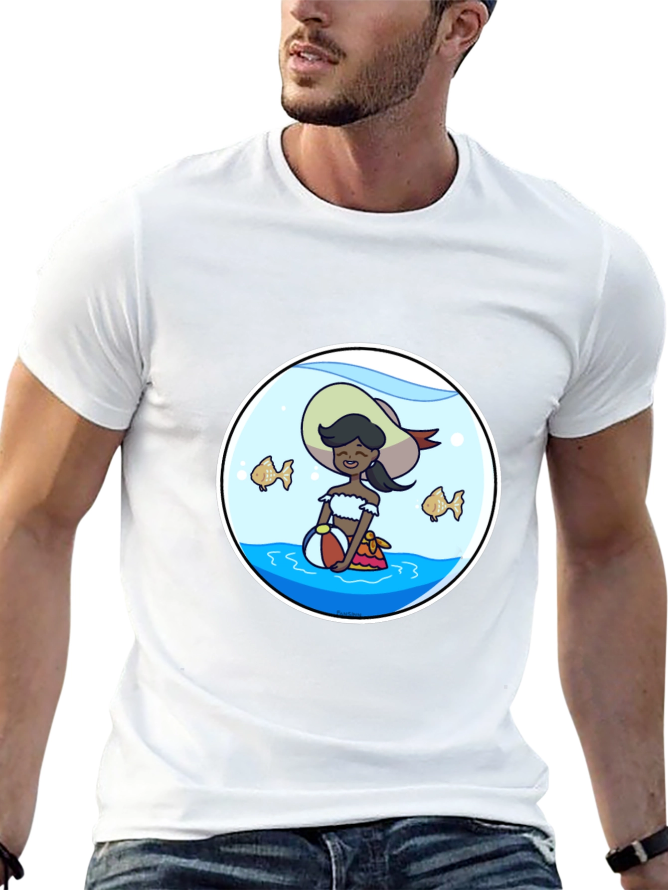Cartoon Beach Girl in Fishbowl T-Shirt
