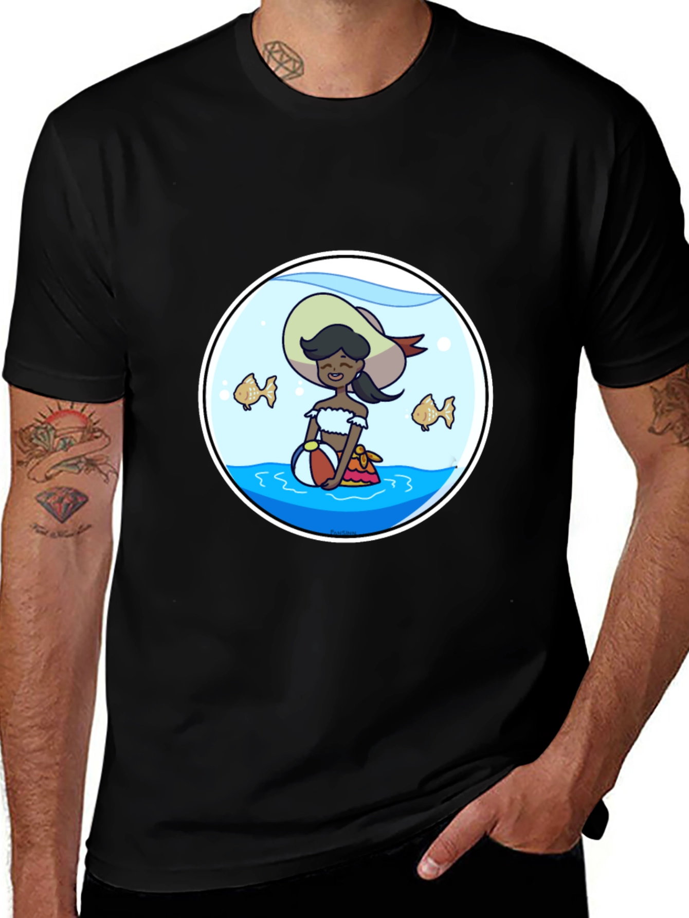 Cartoon Beach Girl in Fishbowl T-Shirt