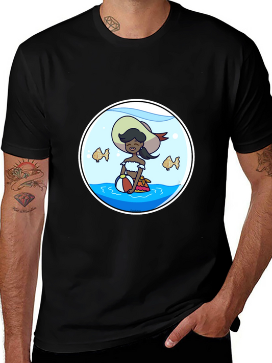 Cartoon Beach Girl in Fishbowl T-Shirt
