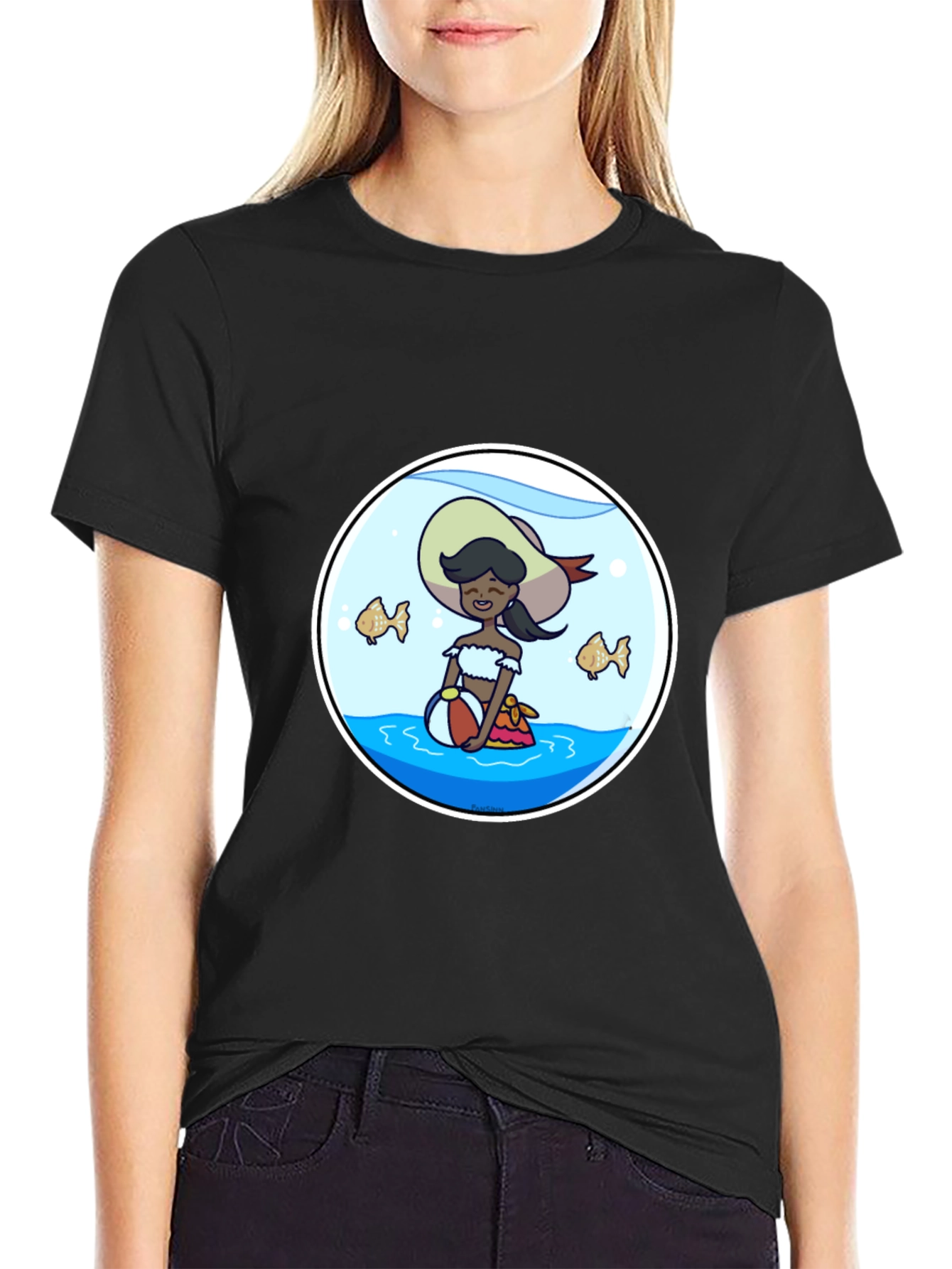 Cartoon Beach Girl in Fishbowl T-Shirt