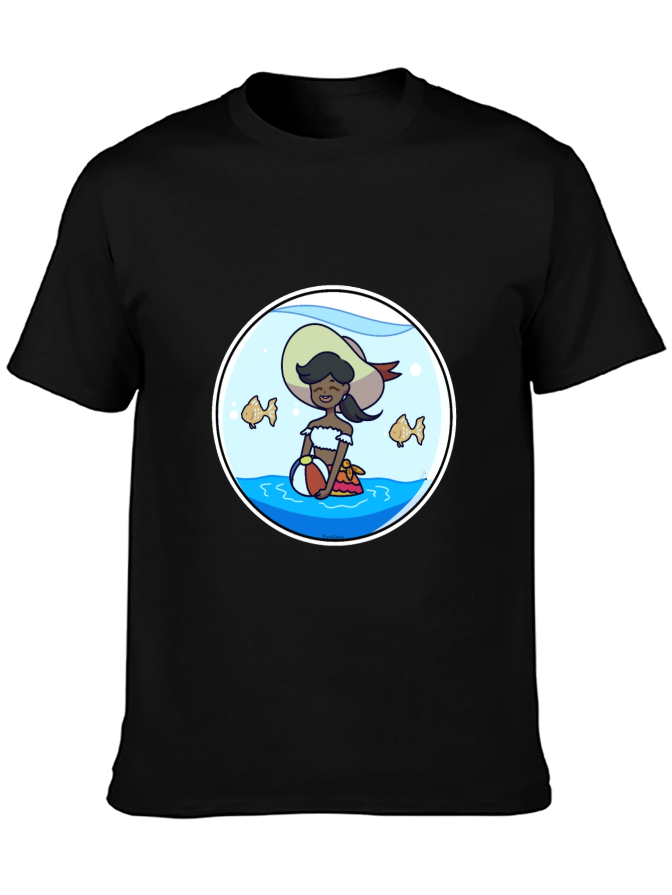 Cartoon Beach Girl in Fishbowl T-Shirt