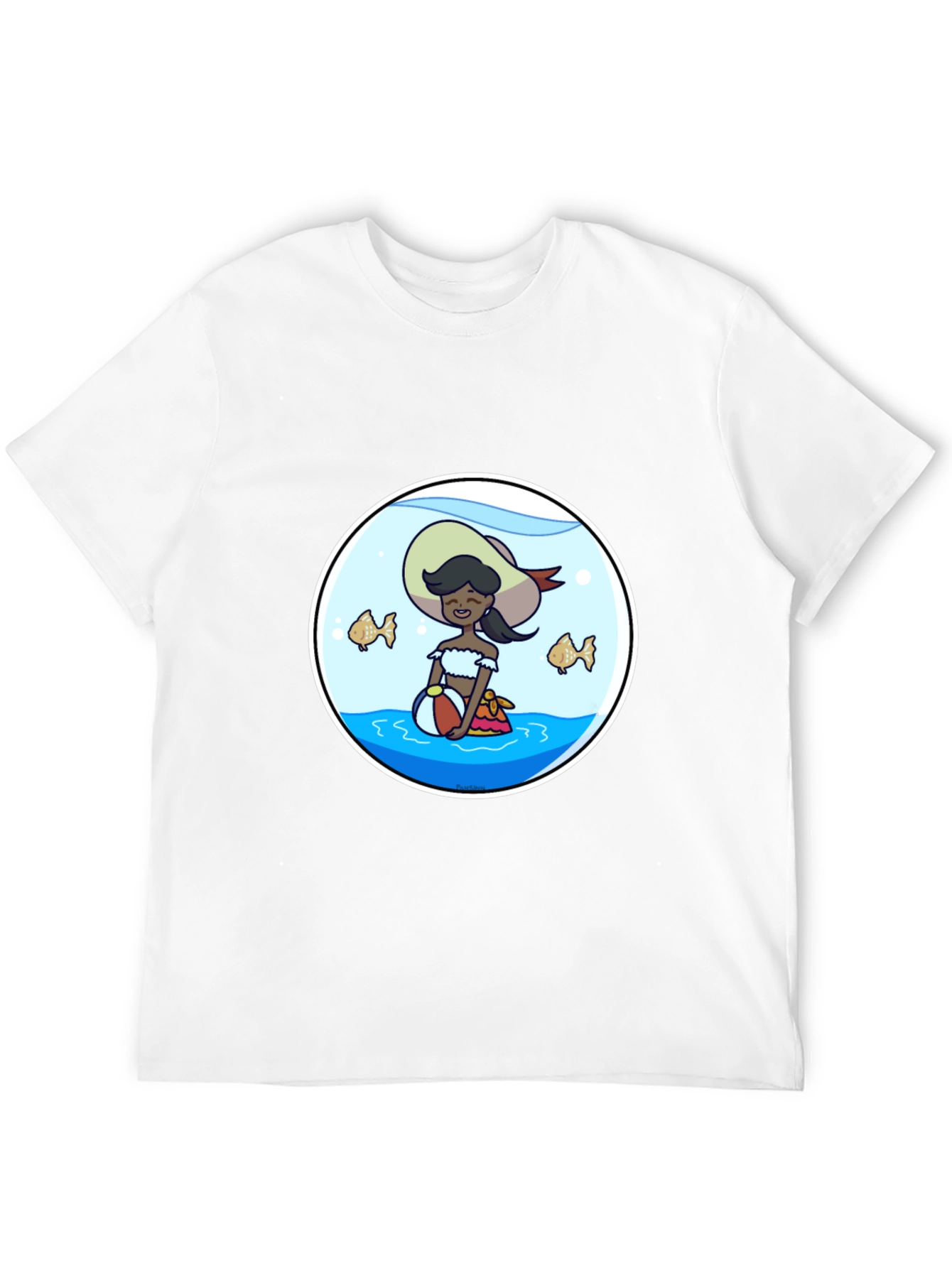 Cartoon Beach Girl in Fishbowl T-Shirt