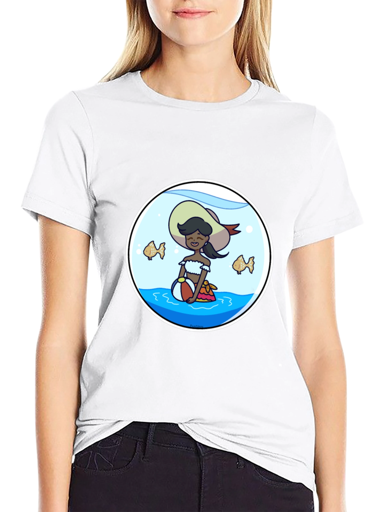 Cartoon Beach Girl in Fishbowl T-Shirt