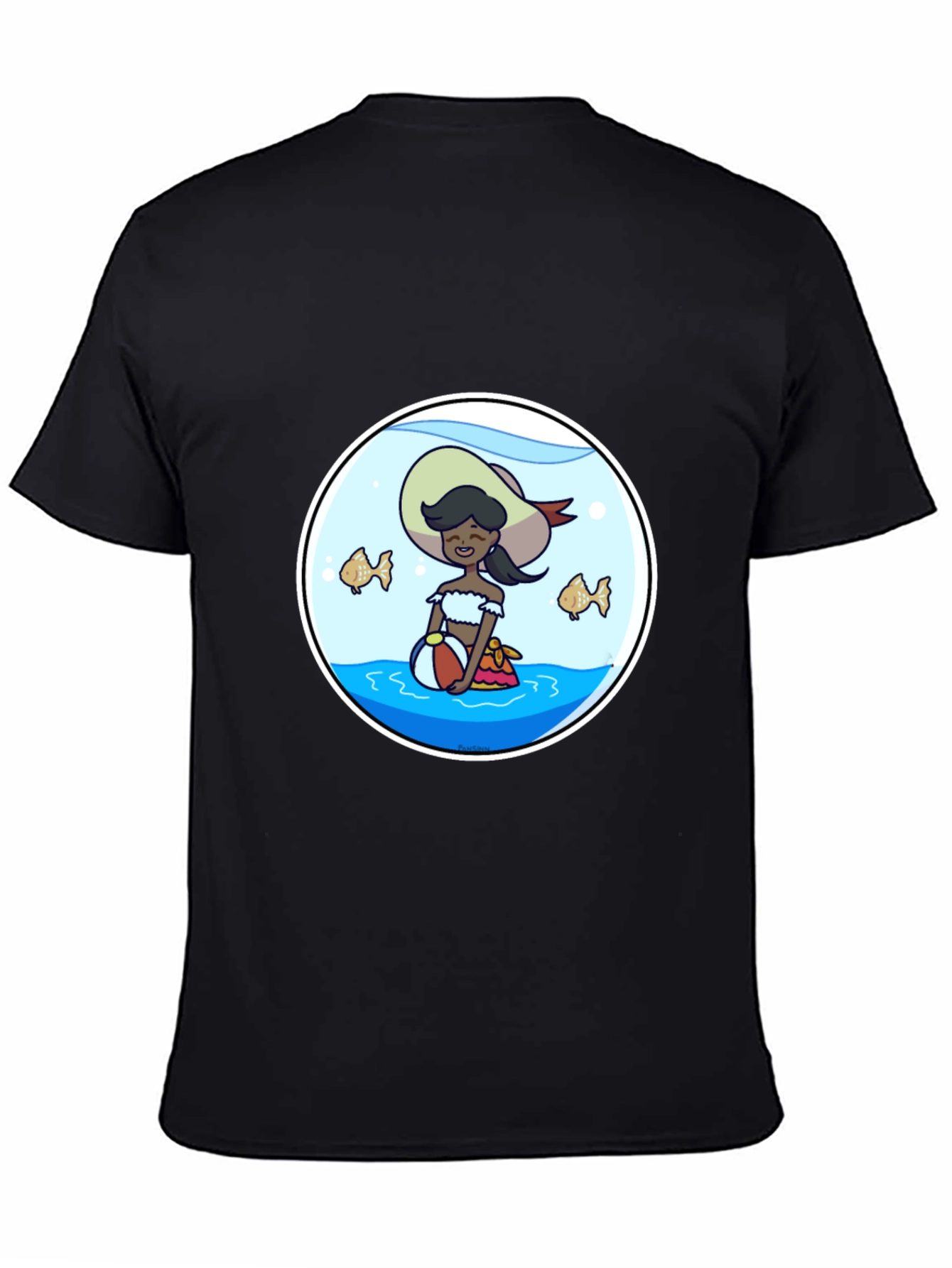 Cartoon Beach Girl in Fishbowl T-Shirt