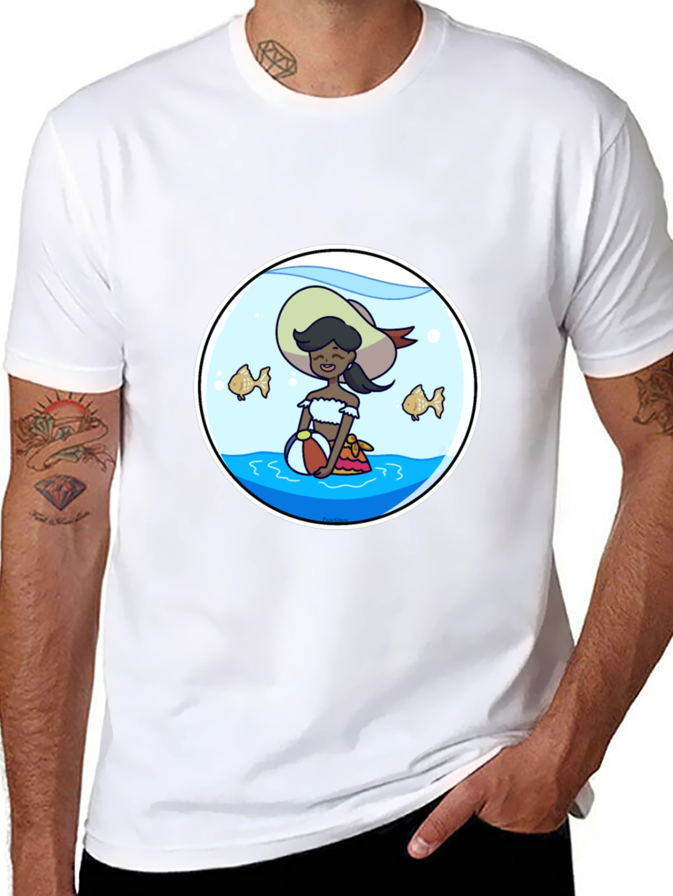 Cartoon Beach Girl in Fishbowl T-Shirt
