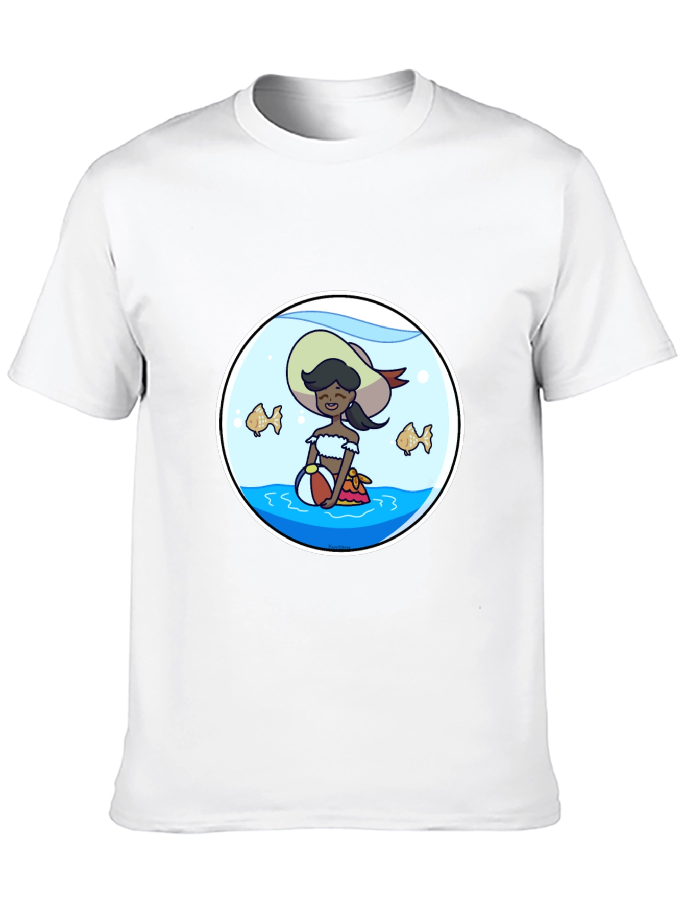 Cartoon Beach Girl in Fishbowl T-Shirt