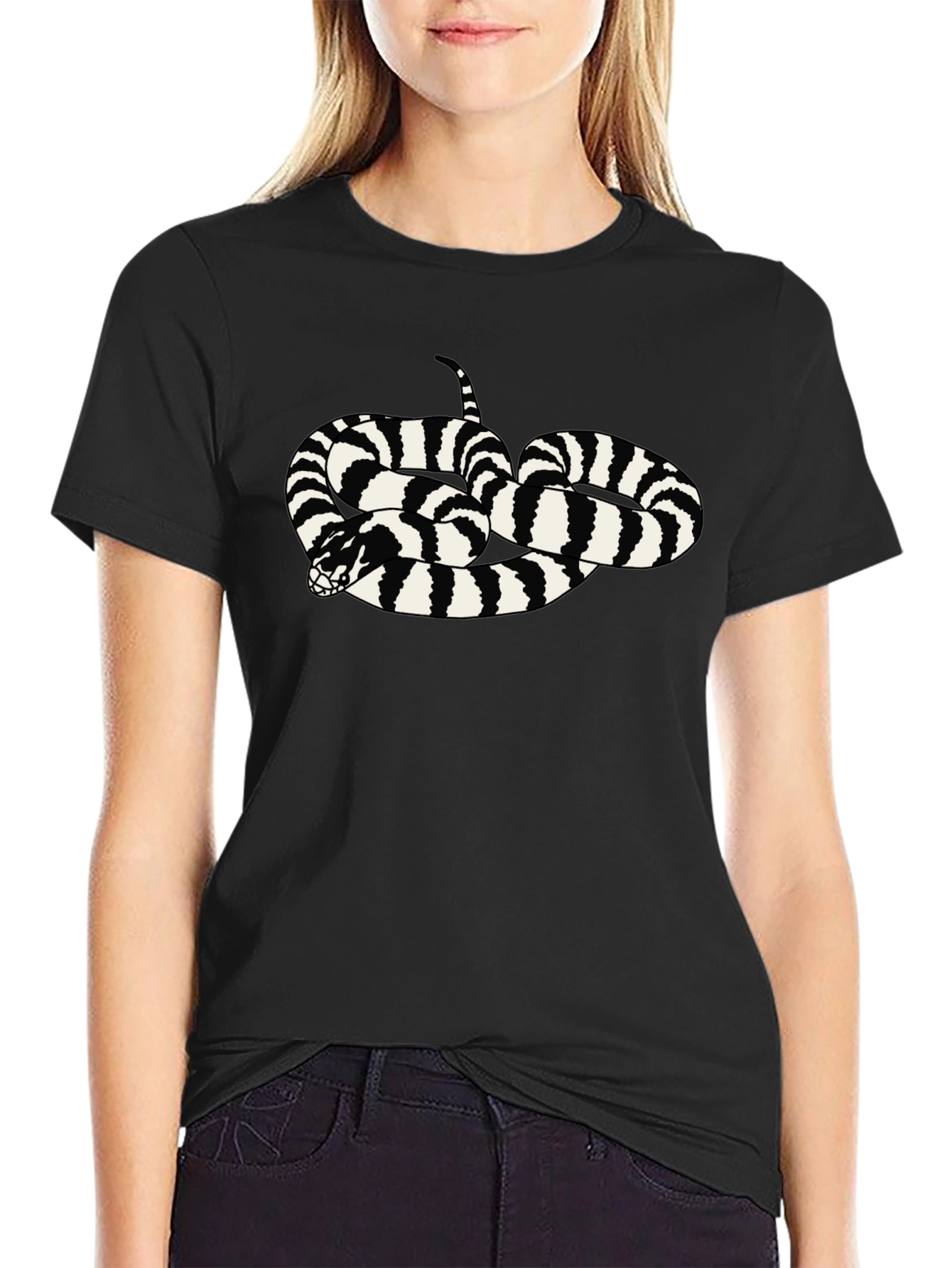 Striped Snake Graphic Tee - Black Cotton