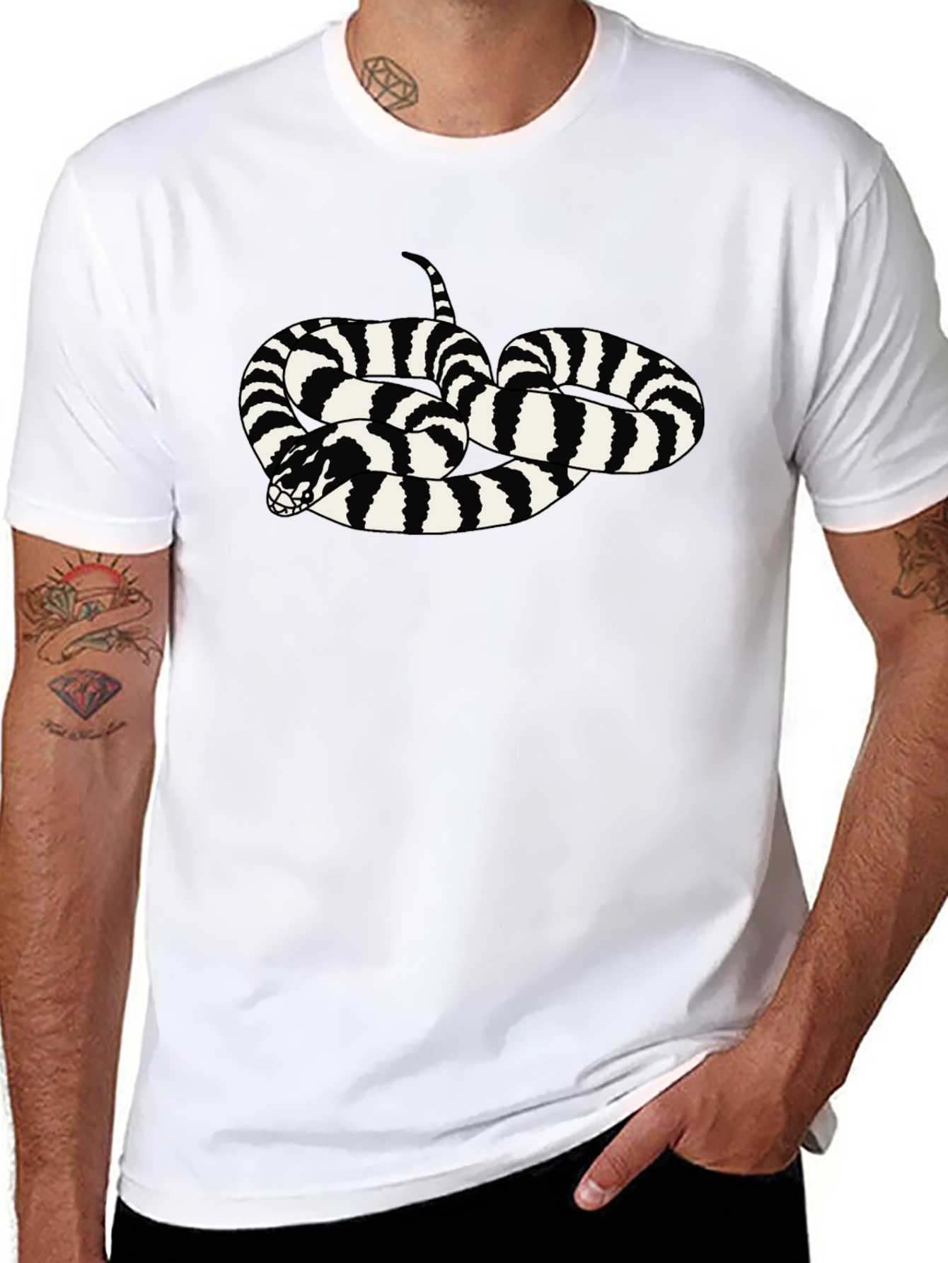 Striped Snake Graphic Tee - Black Cotton