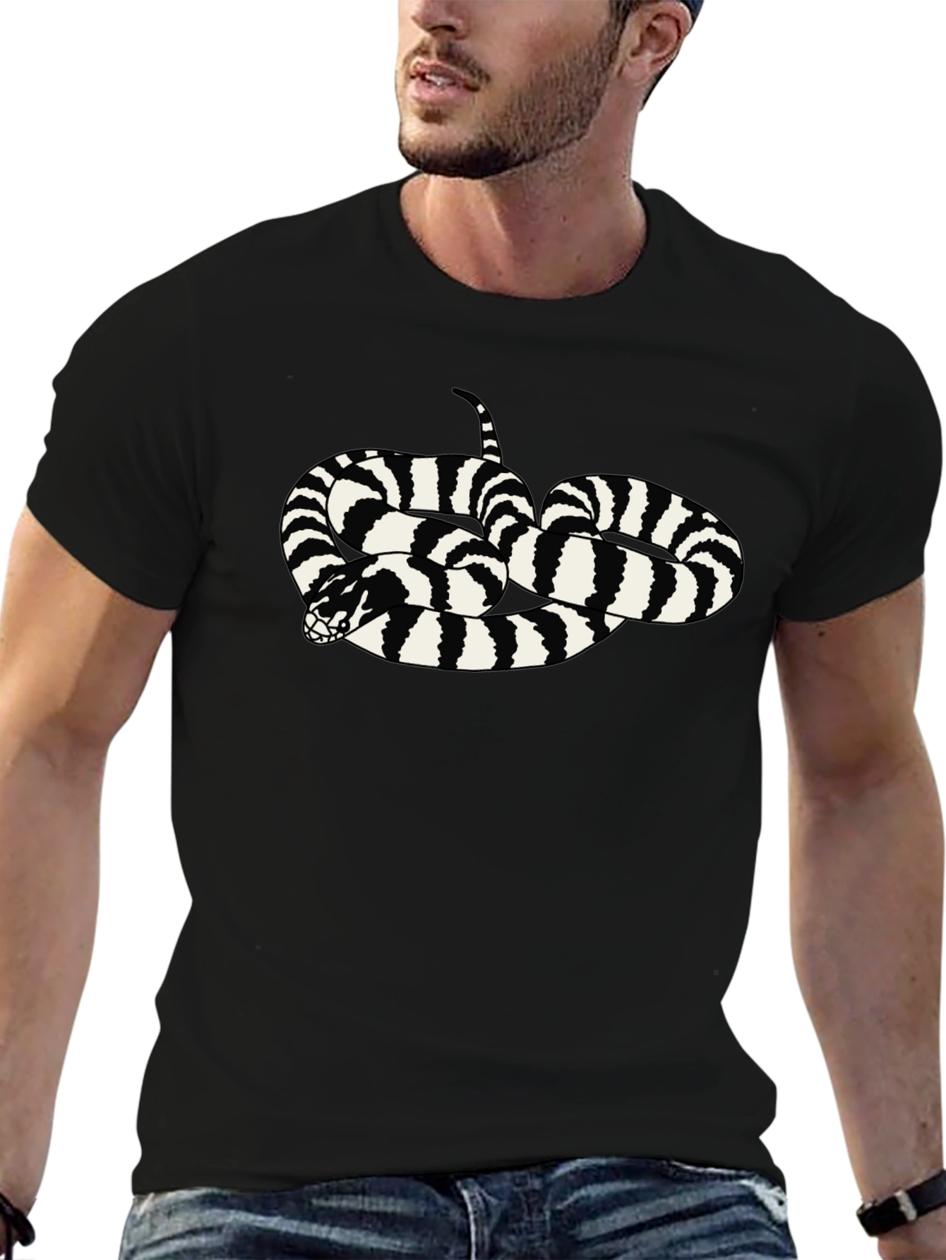 Striped Snake Graphic Tee - Black Cotton