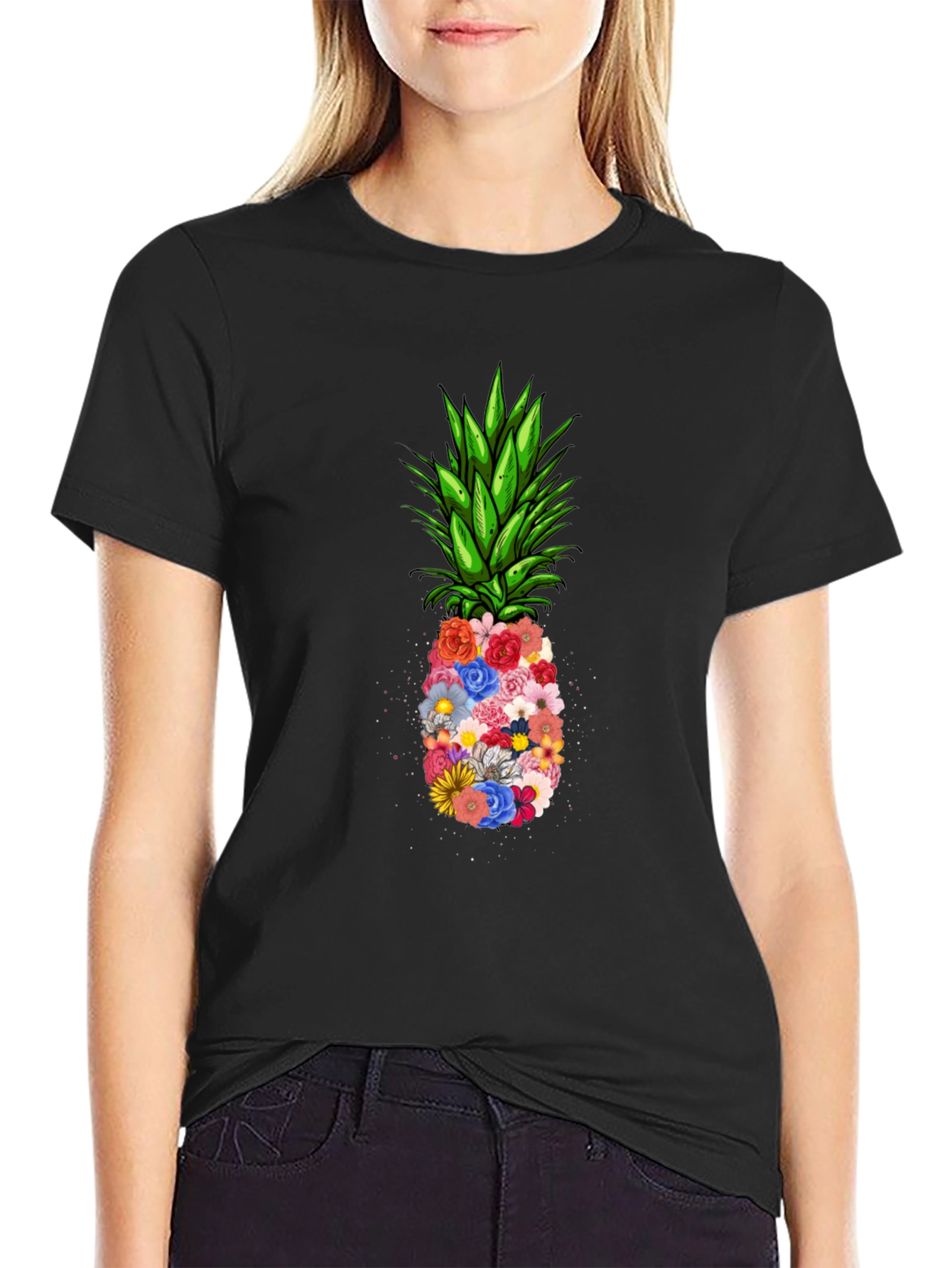 Floral Pineapple Graphic Tee - Black T-Shirt