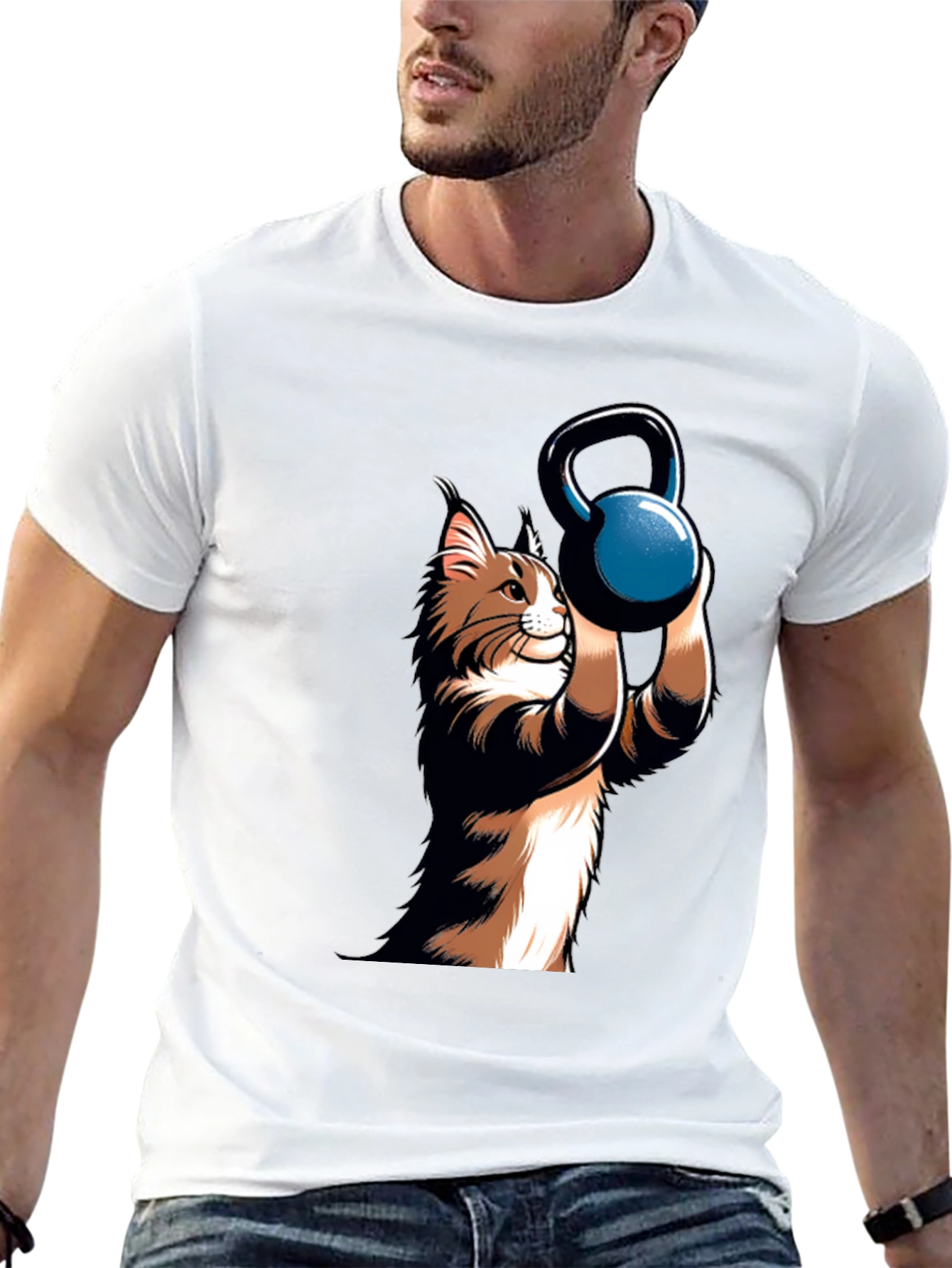Funny Cat Lifting Kettlebell Black T-Shirt